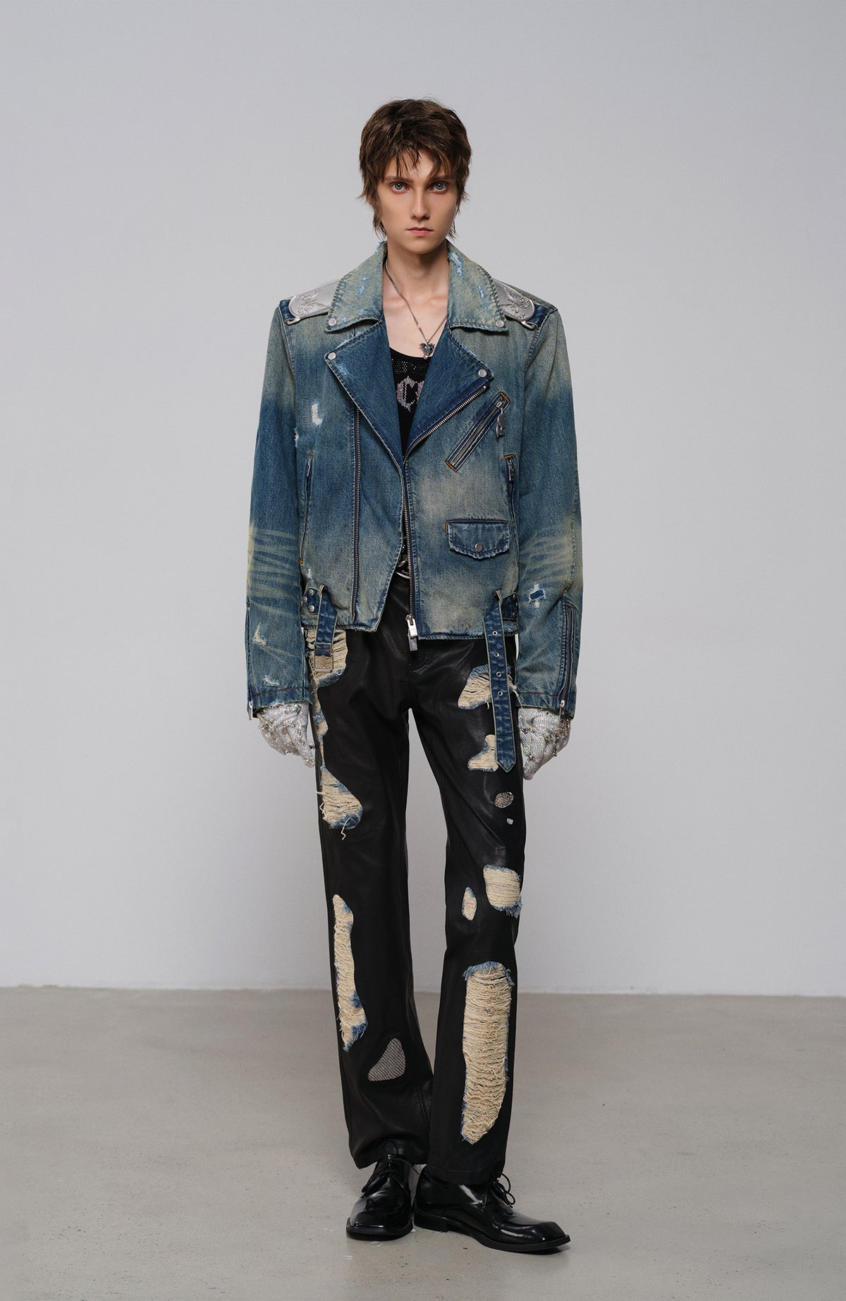 FACEONLAB Metal Epaulette Washed Biker Jacket