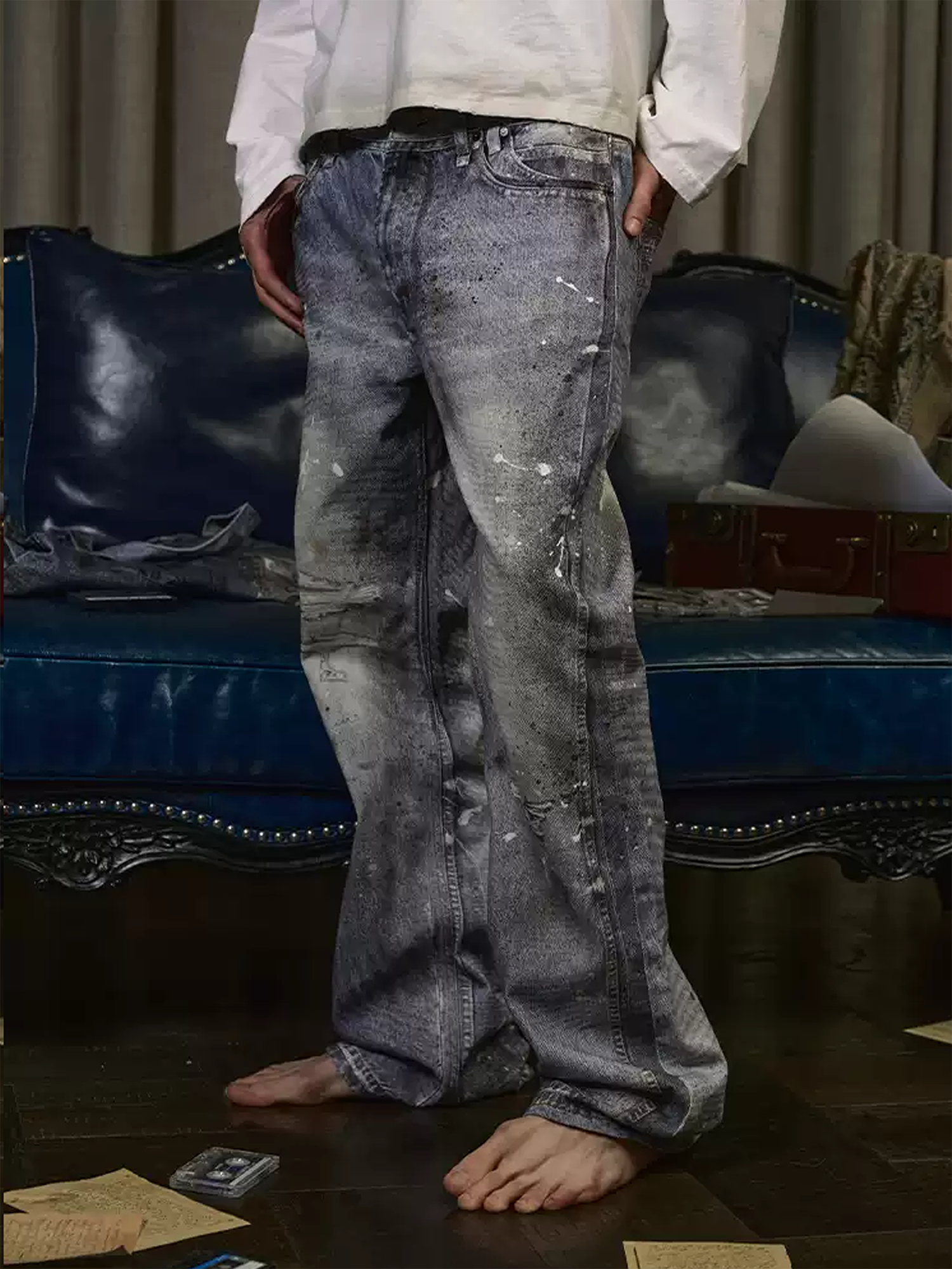 WANNA LAB Distressed Washed Paint-Splattered Flared Jeans