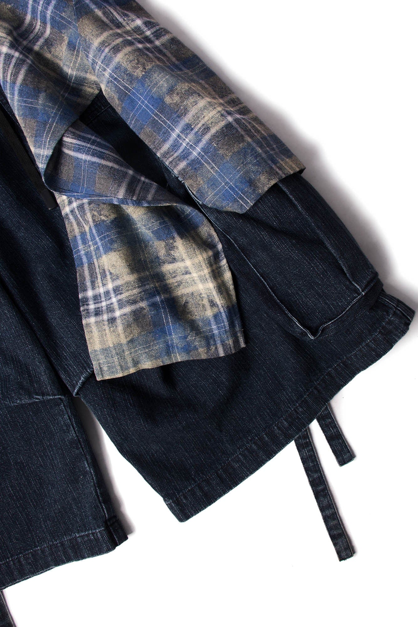 RELABEL Detachable Plaid Drape Denim Shorts, premium urban and streetwear designers apparel on PROJECTISR.com, RELABEL