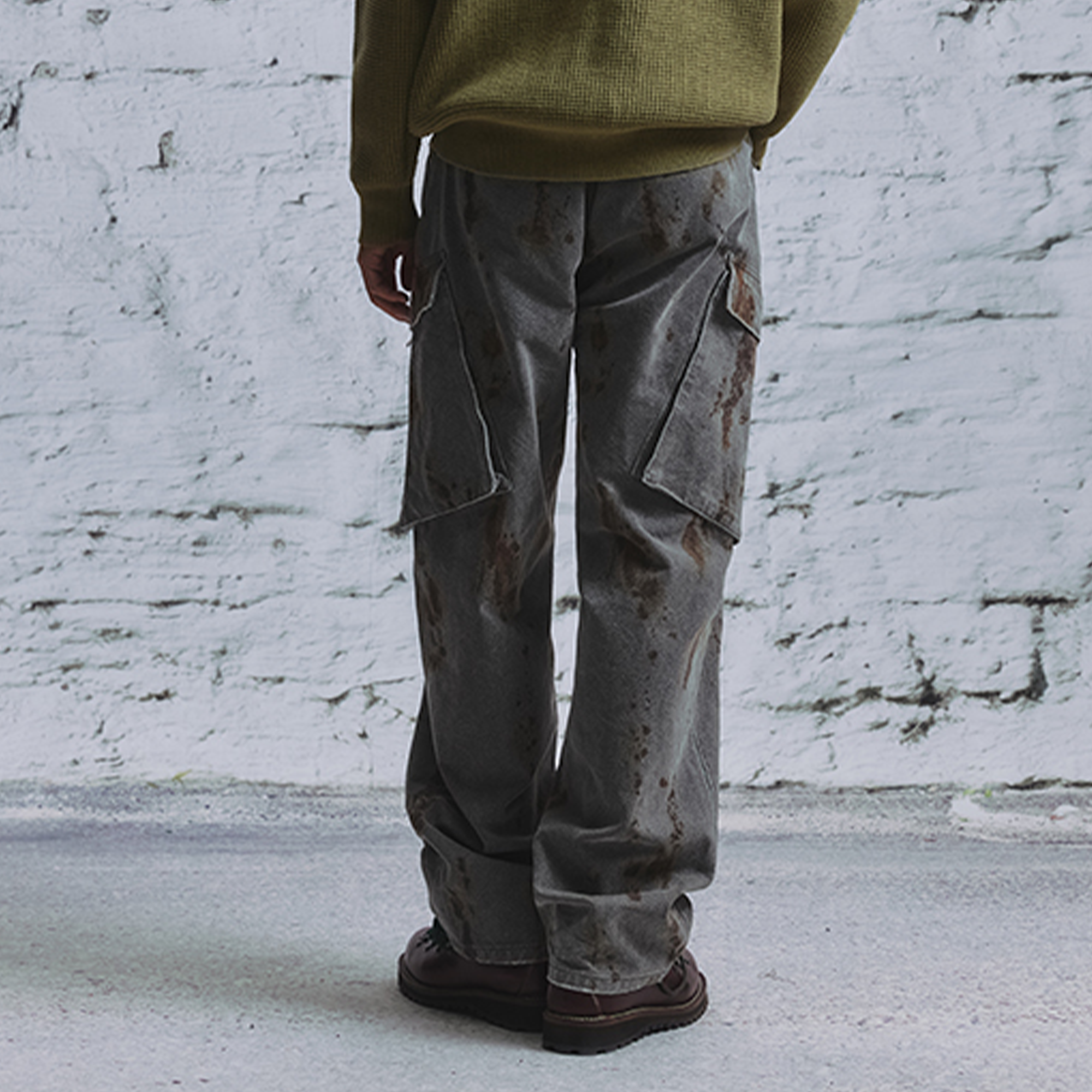 NIANJIUYIKOUER Rust Stain Graphic Washed Cargo Pants, premium urban and streetwear designers apparel on PROJECTISR.com, NIANJIUYIKOUER