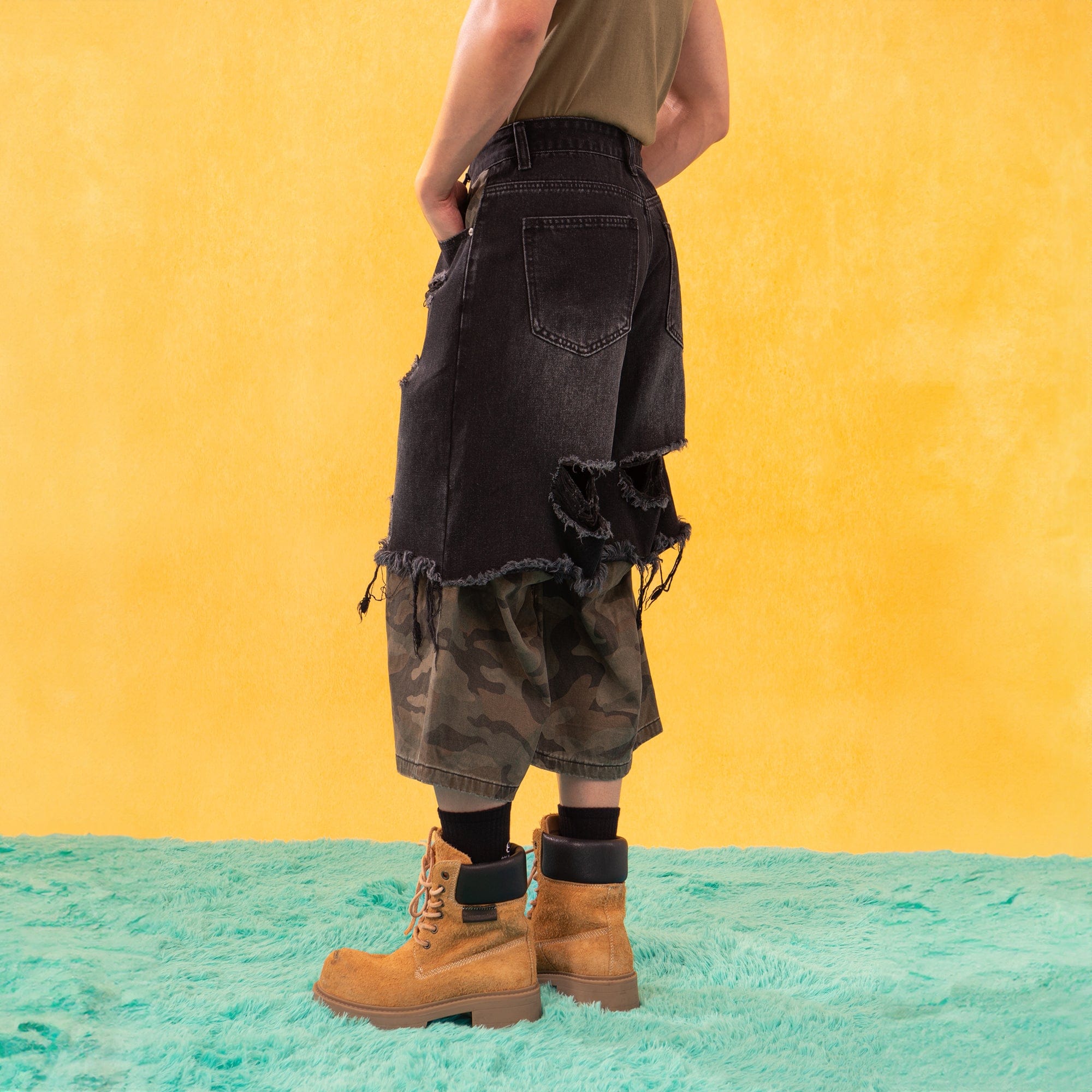 CLP Distressed Layered Camo Cargo Shorts, premium urban and streetwear designers apparel on PROJECTISR.com, CLP