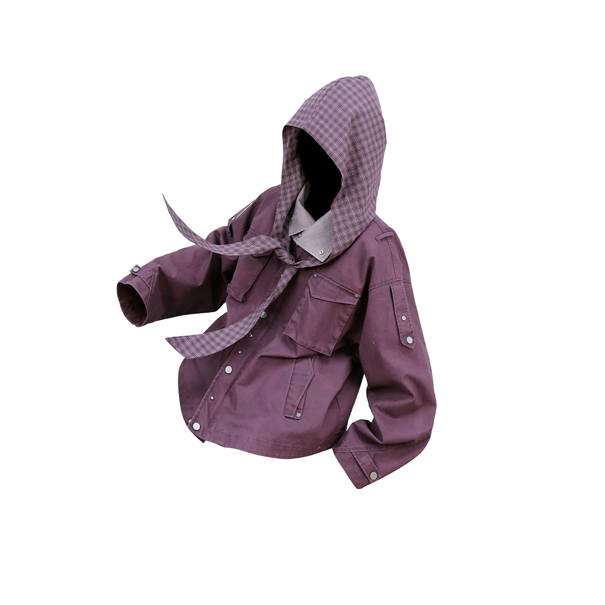 RELABEL Distressed Plaid Hood Oversized Jacket Purple, premium urban and streetwear designers apparel on PROJECTISR.com, RELABEL