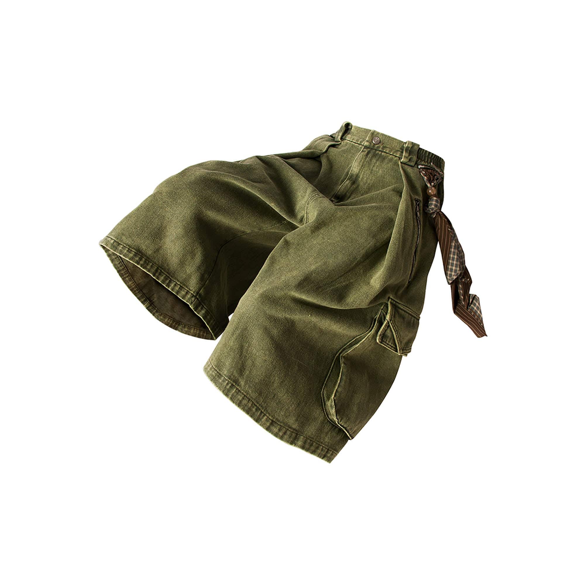RELABEL Detachable Scarf Washed Multi-Pocket Wide-Leg Shorts Green, premium urban and streetwear designers apparel on PROJECTISR.com, RELABEL