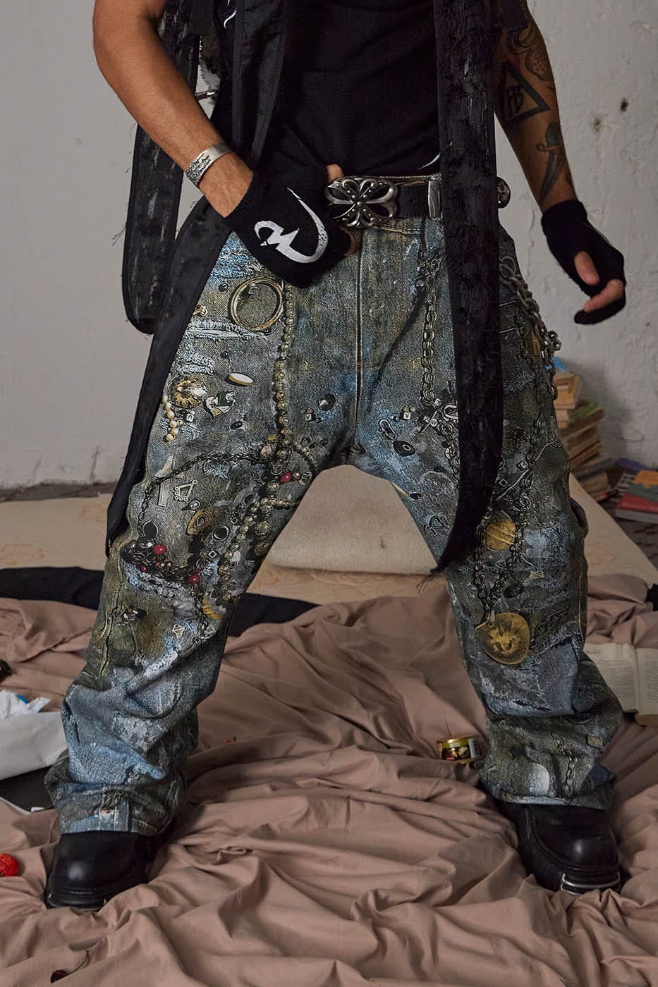 DND4DES Gems&Metals Rotten Distressed Flared Jeans, premium urban and streetwear designers apparel on PROJECTISR.com, DND4DES