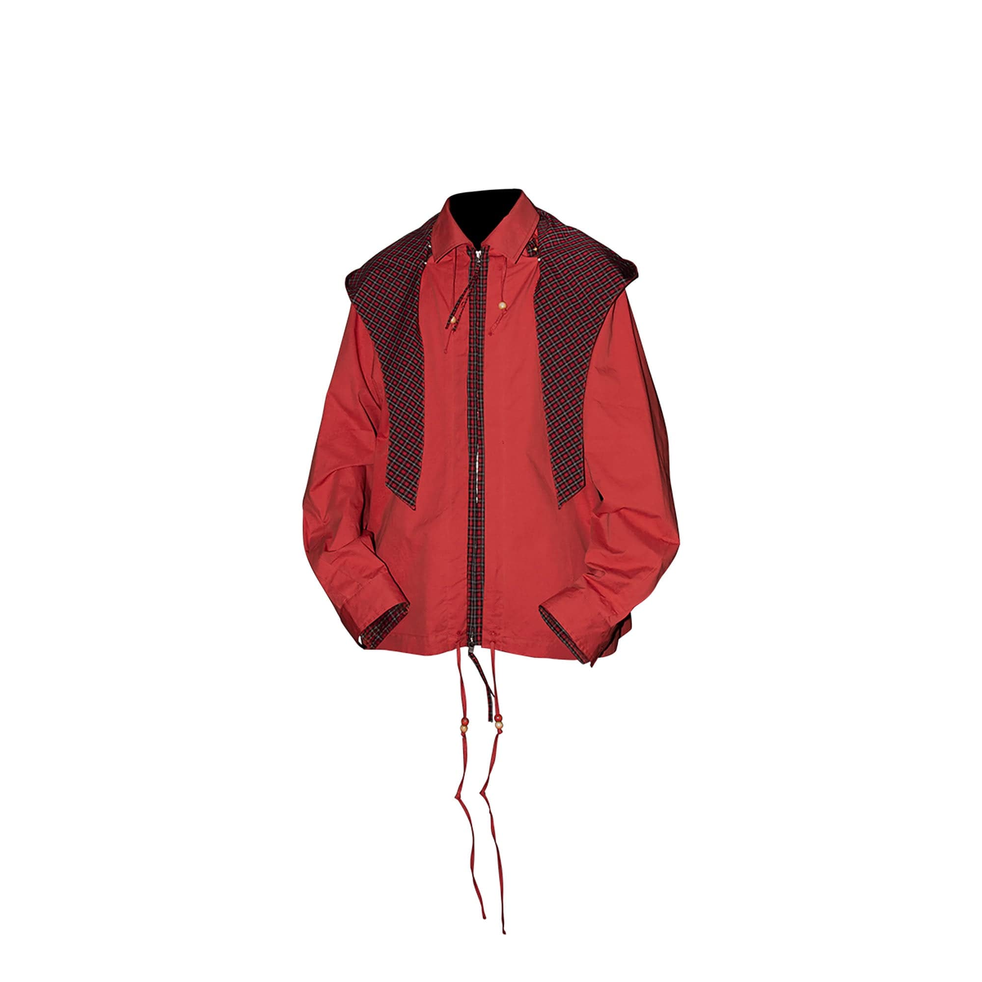 RELABEL Detachable Hood Beaded Ruched Shirt Red, premium urban and streetwear designers apparel on PROJECTISR.com, RELABEL