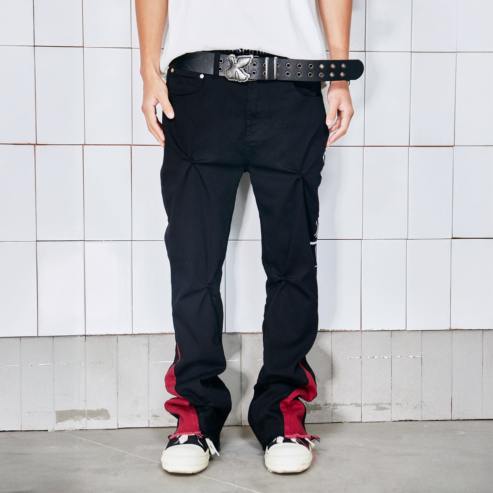 VINKID Arabic Script Crinkled Contrast Spliced Pants, premium urban and streetwear designers apparel on PROJECTISR.com, VINKID