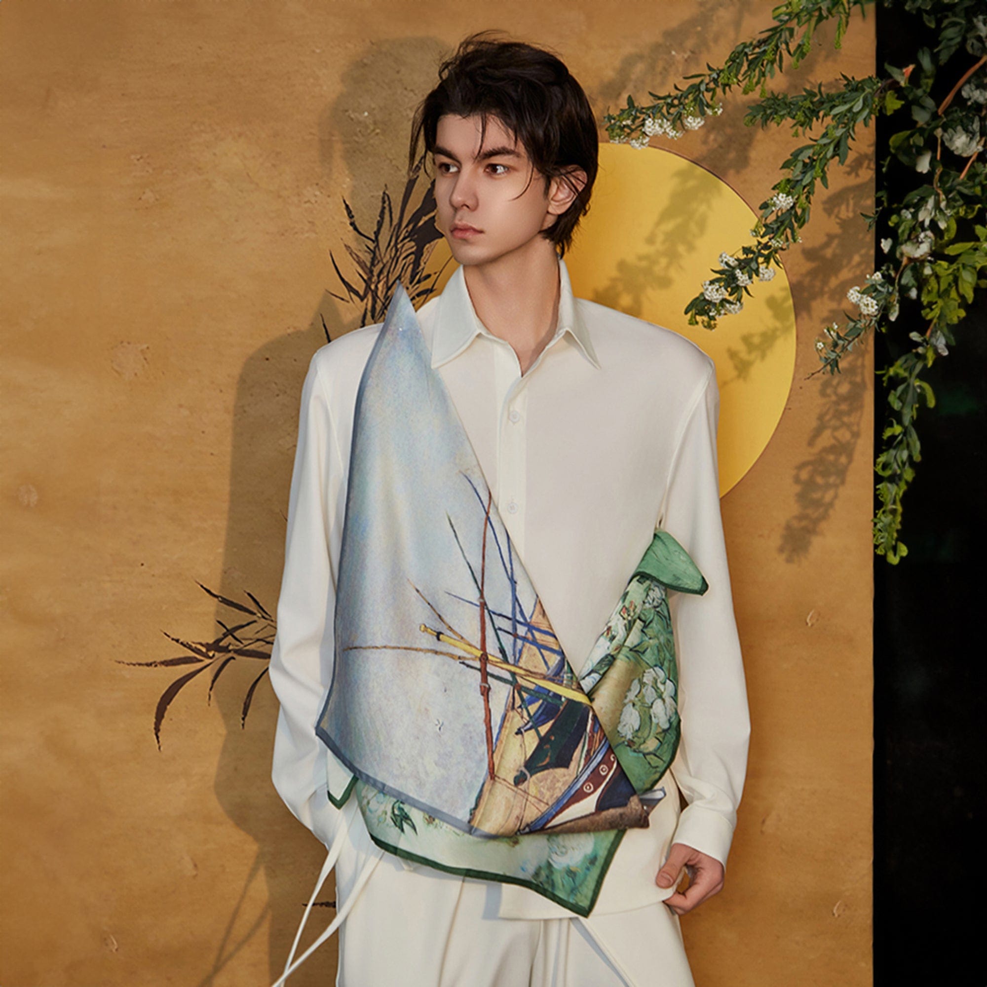 JIECHI Asymmetrical Scarf-Draped Graphics Shirt, premium urban and streetwear designers apparel on PROJECTISR.com, JIECHI