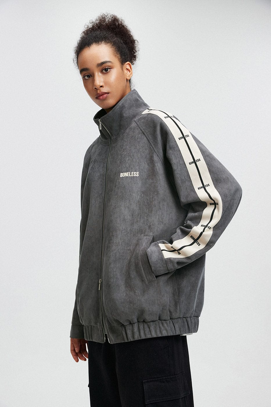BONELESS Contrasted Striped Faux Suede Jacket, premium urban and streetwear designers apparel on PROJECTISR.com, BONELESS