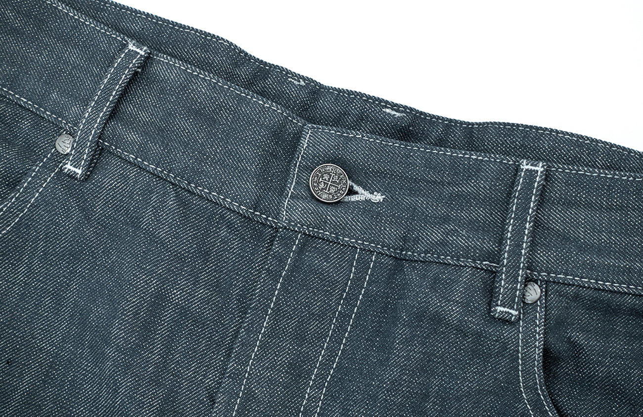 IN EXISTENCE Stitched Back-Belt Curved-Leg Jeans, premium urban and streetwear designers apparel on PROJECTISR.com, IN EXISTENCE