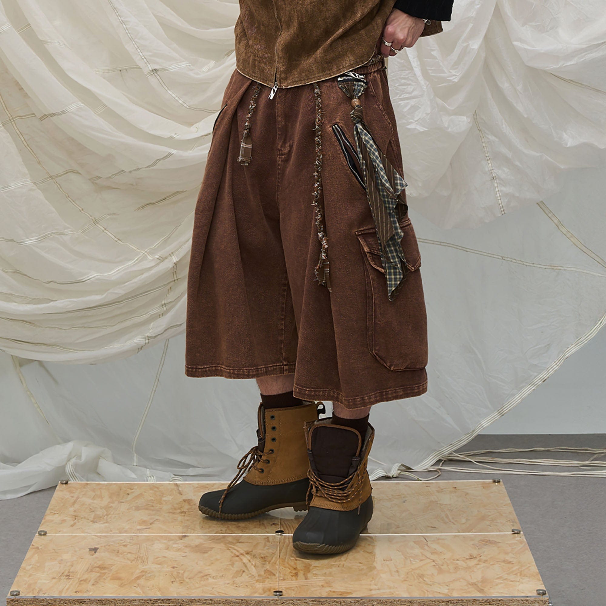 RELABEL Detachable Scarf Washed Multi-Pocket Wide-Leg Shorts Brown, premium urban and streetwear designers apparel on PROJECTISR.com, RELABEL