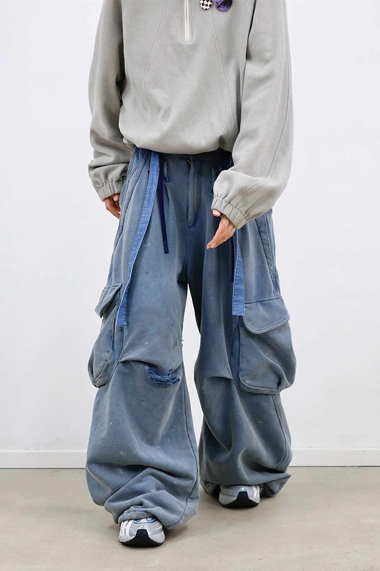 RELABEL Distressed Splatter Double-Waist Cargo Pants, premium urban and streetwear designers apparel on PROJECTISR.com, RELABEL
