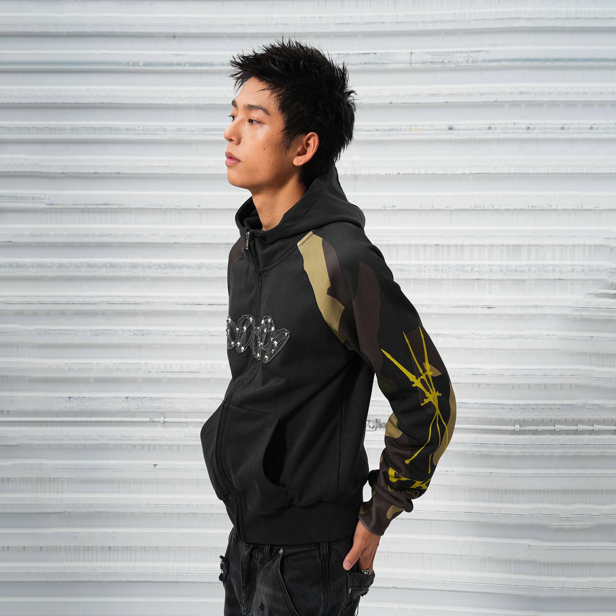 VINKID Camo Raglan Rivet Hooded Jacket, premium urban and streetwear designers apparel on PROJECTISR.com, VINKID