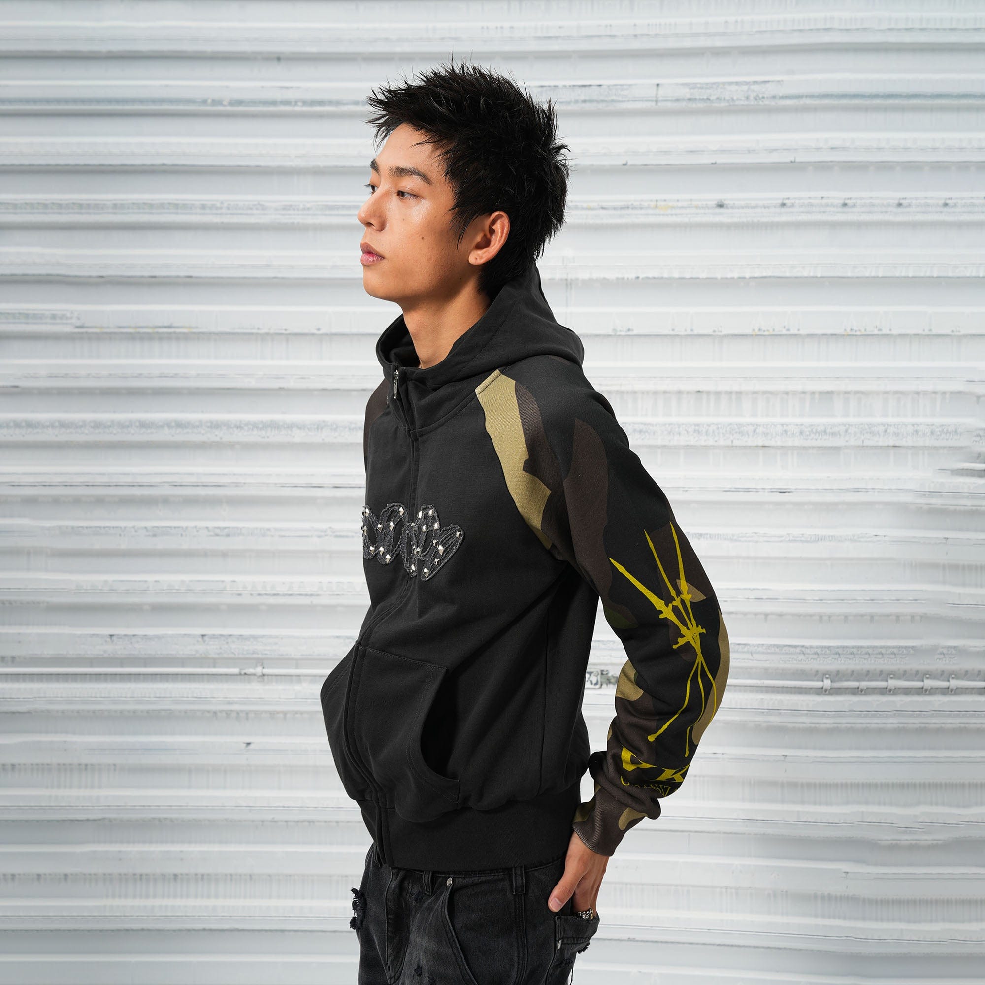 VINKID Camo Raglan Rivet Hooded Jacket, premium urban and streetwear designers apparel on PROJECTISR.com, VINKID