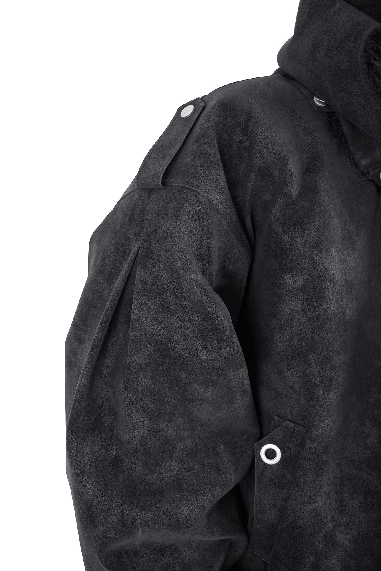 RELABEL Detachable Plush Scarf Hooded Suede Jacket Black, premium urban and streetwear designers apparel on PROJECTISR.com, RELABEL