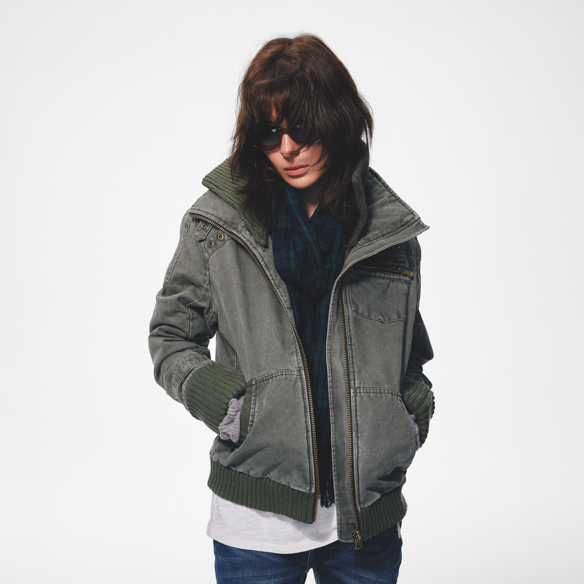 TRECLUB Retro Punk Washed Cross Eyelet Ribbed Collar Padded Jacket, premium urban and streetwear designers apparel on PROJECTISR.com, TRECLUB