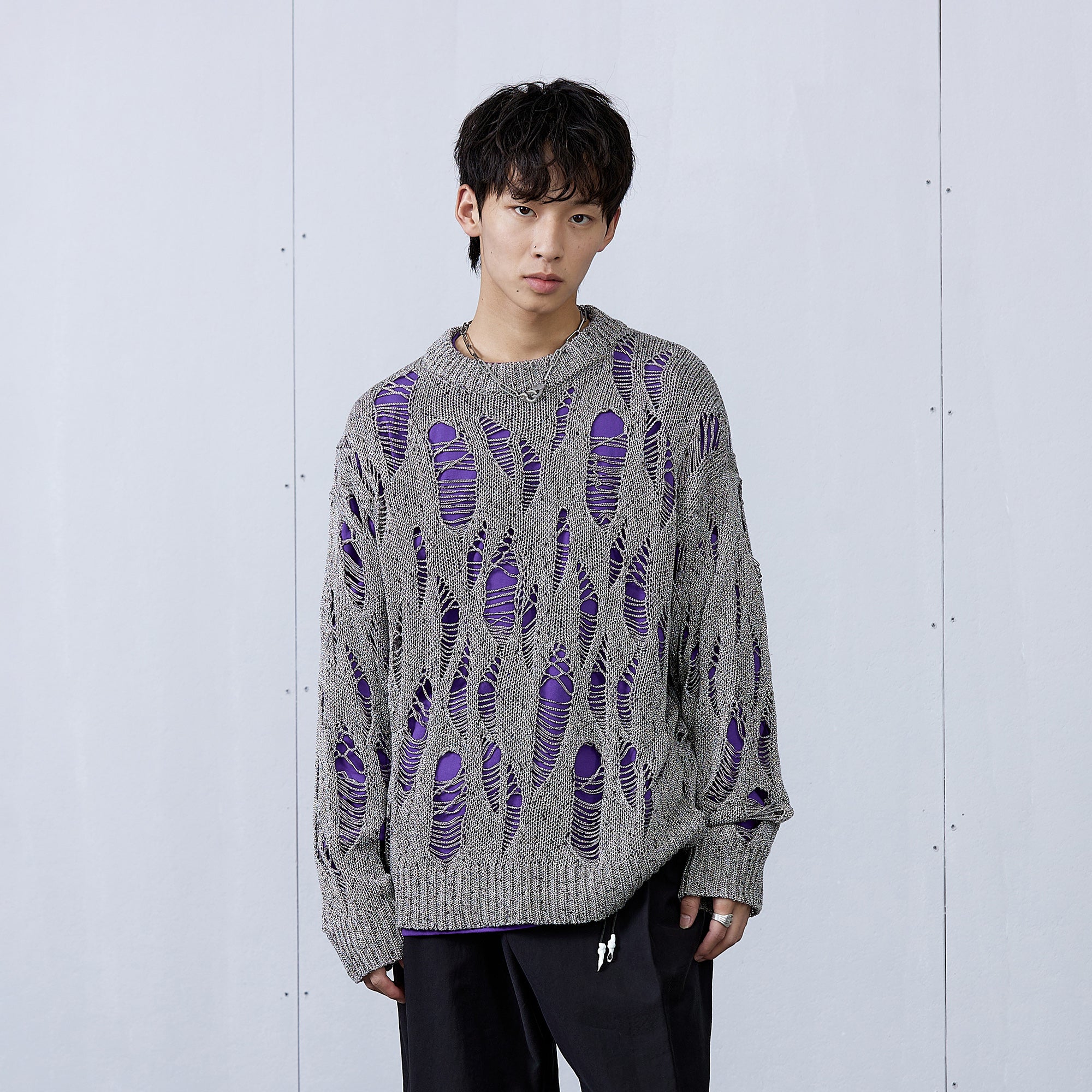 ROARINGWILD A ARCH Distressed Hollowed-Knit Sweater