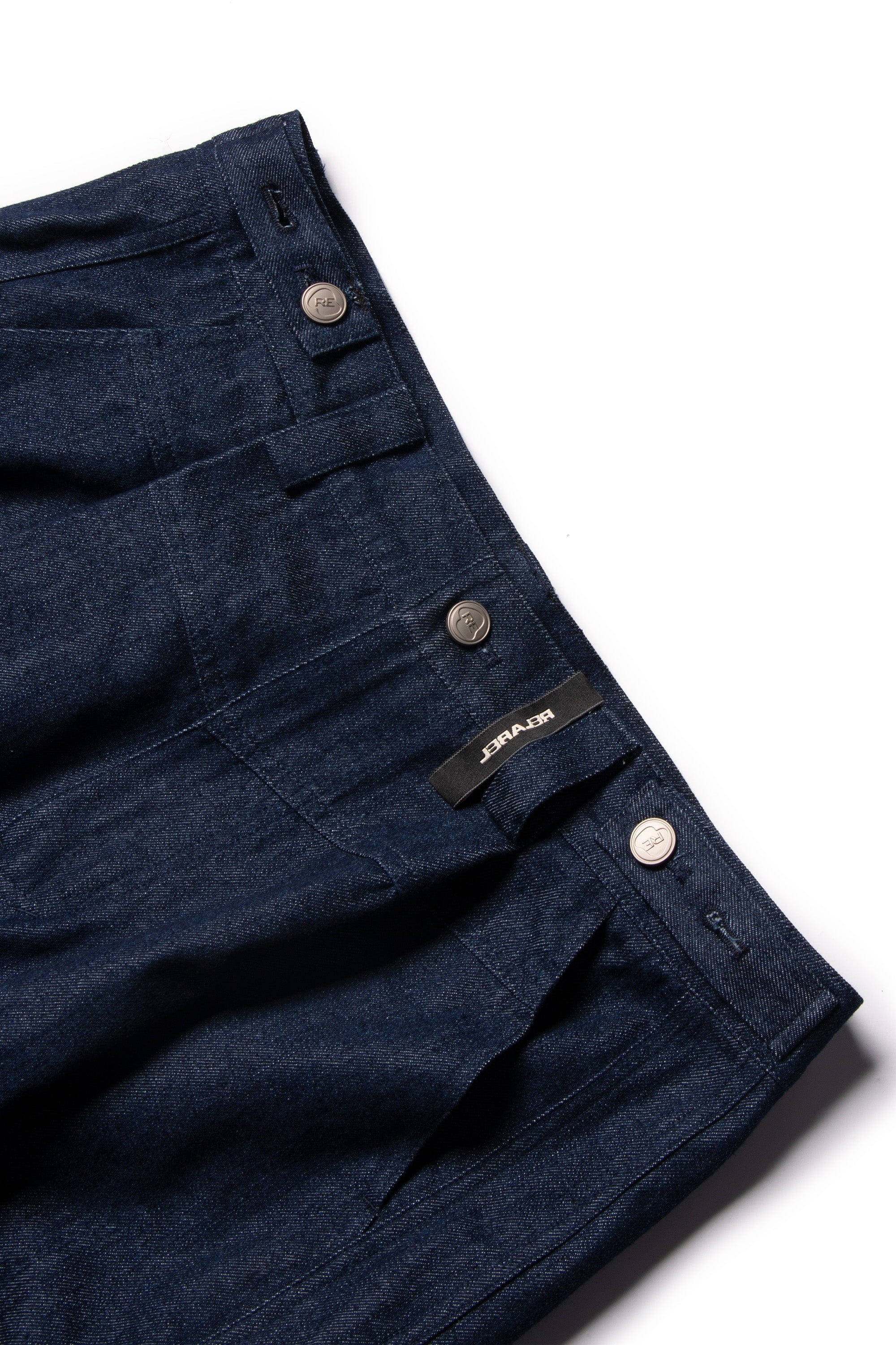 RELABEL Straped Big Pockets Rivet Washed Denim Cargo, premium urban and streetwear designers apparel on PROJECTISR.com, RELABEL