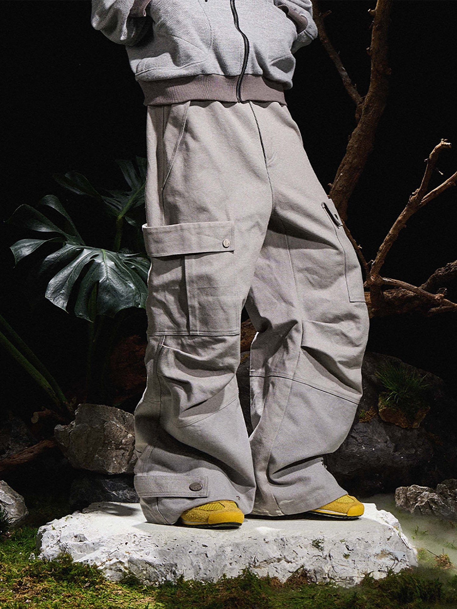 RELABEL Multi-Pocket Oversized Workwear Cargo Pants Gray, premium urban and streetwear designers apparel on PROJECTISR.com, RELABEL
