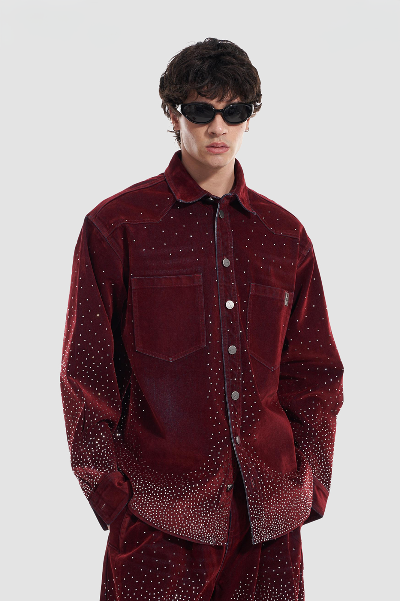 VANN VALRENCE Diamond-Studded Velvet Shirt Jacket
