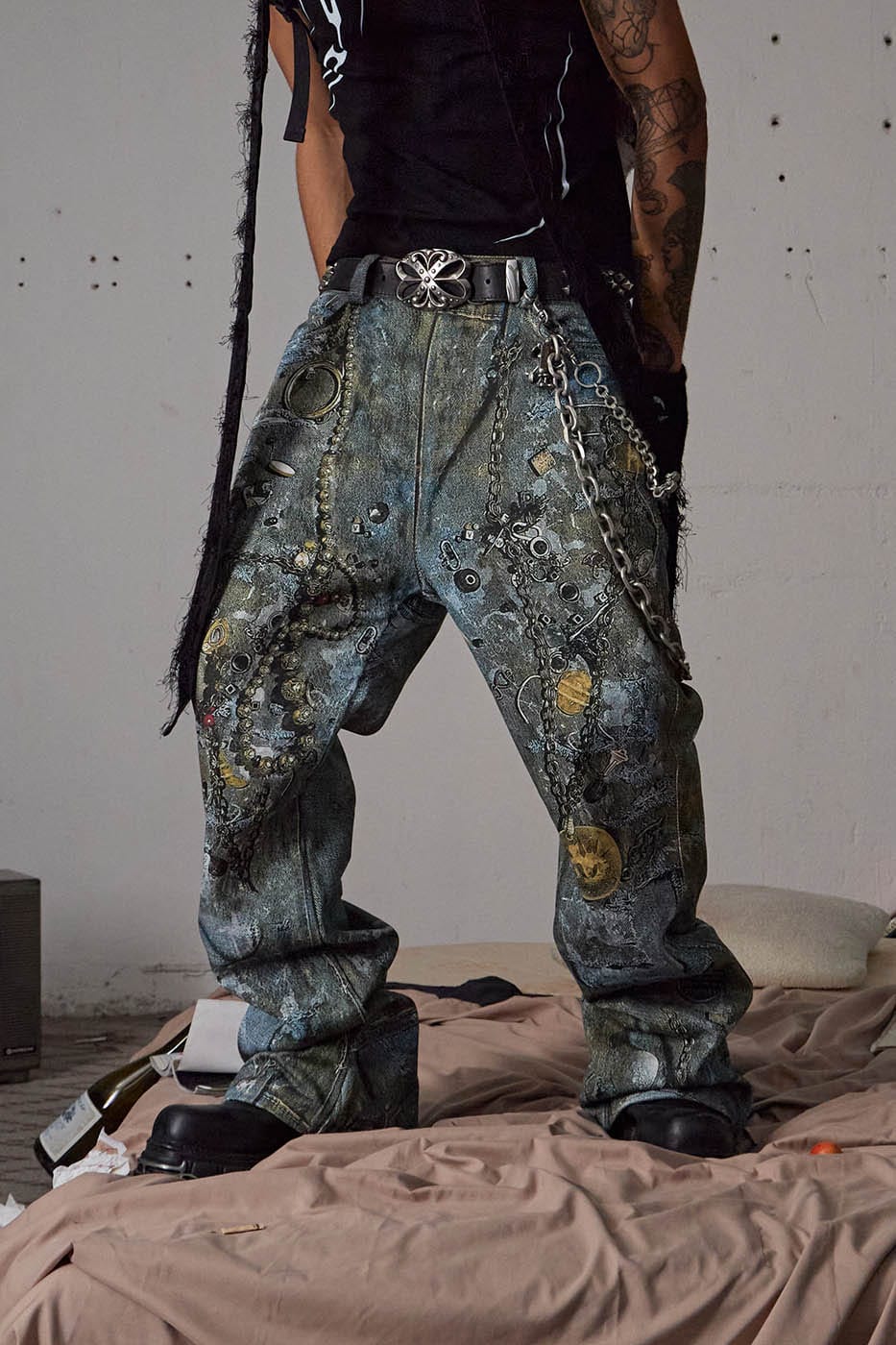 DND4DES Gems&Metals Rotten Distressed Flared Jeans, premium urban and streetwear designers apparel on PROJECTISR.com, DND4DES