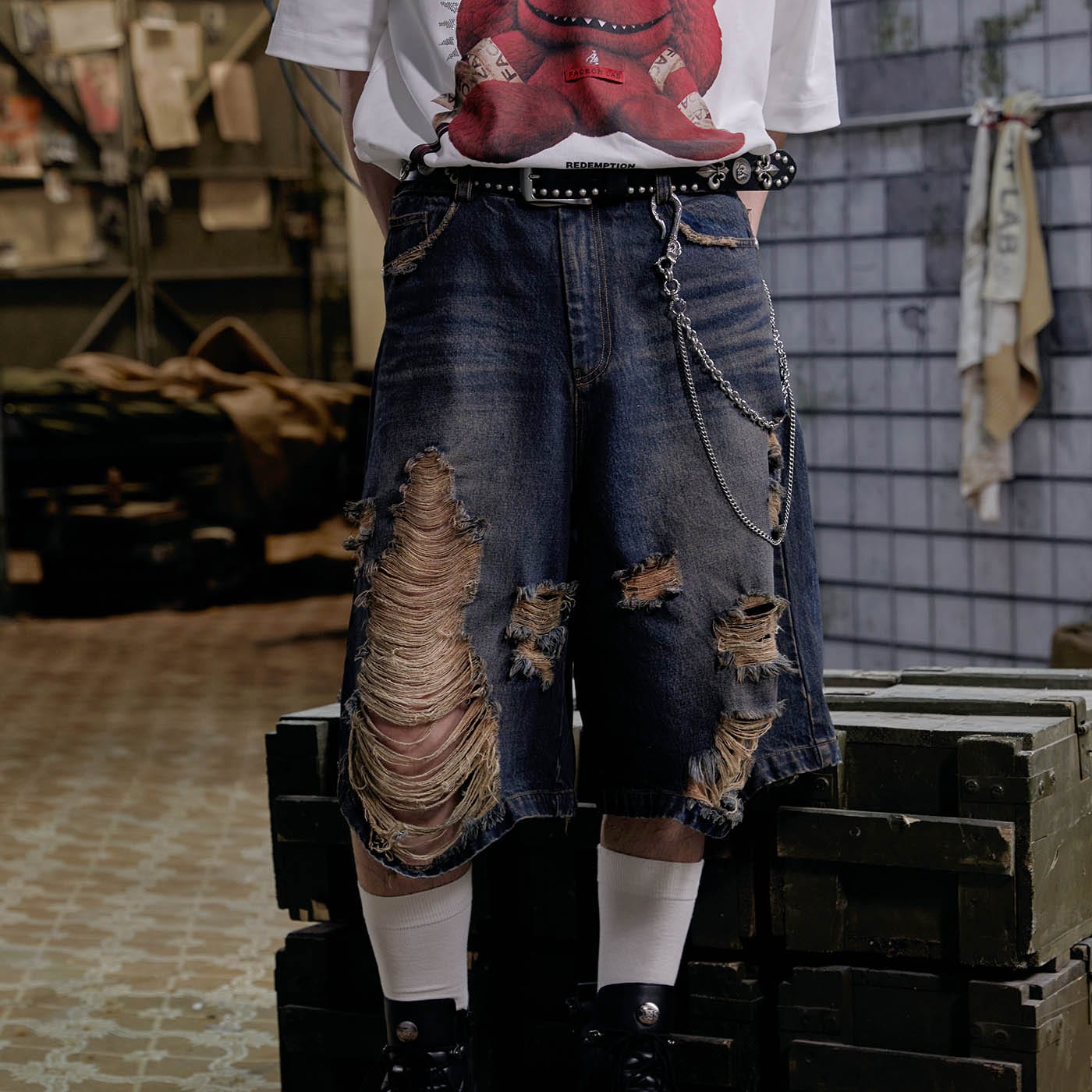 FACEONLAB Distressed Oversized Denim Shorts, premium urban and streetwear designers apparel on PROJECTISR.com, FACEONLAB