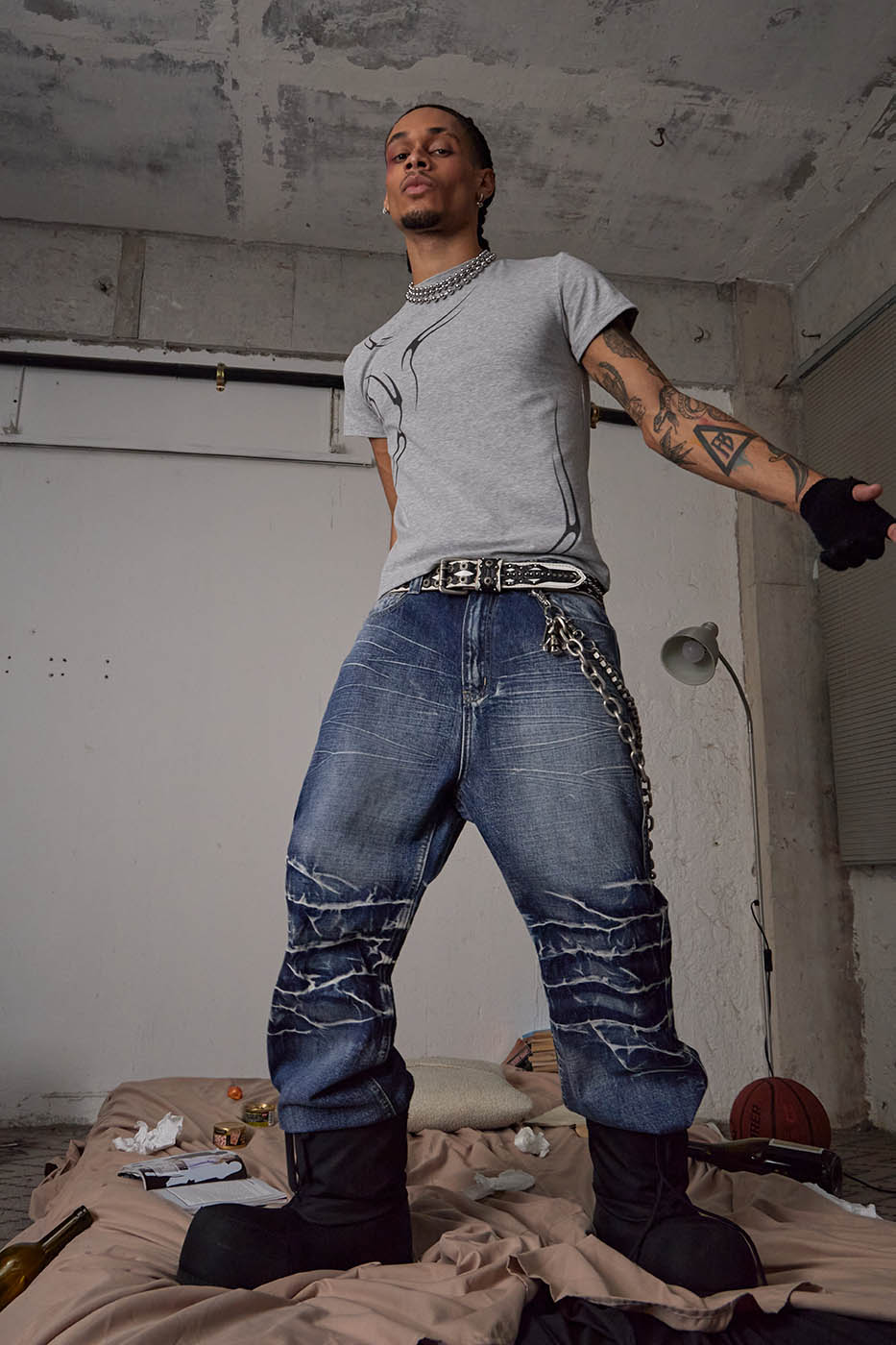 DND4DES Lightning-Creased Flared Jeans Blue, premium urban and streetwear designers apparel on PROJECTISR.com, DND4DES