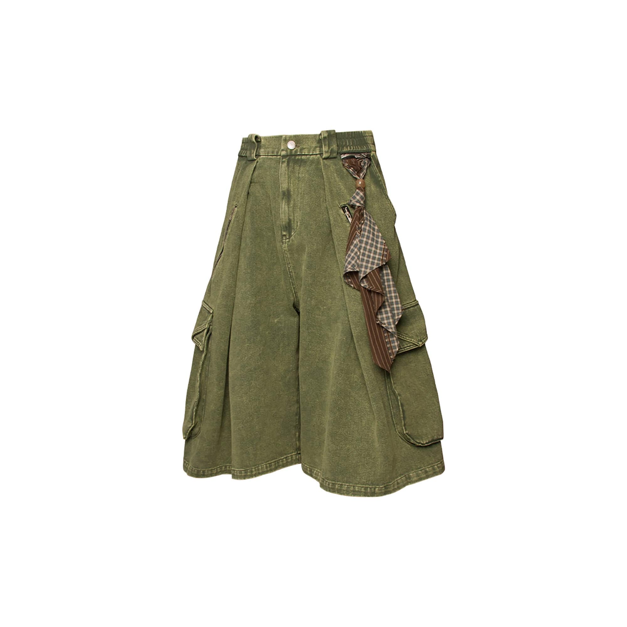 RELABEL Detachable Scarf Washed Multi-Pocket Wide-Leg Shorts Green, premium urban and streetwear designers apparel on PROJECTISR.com, RELABEL
