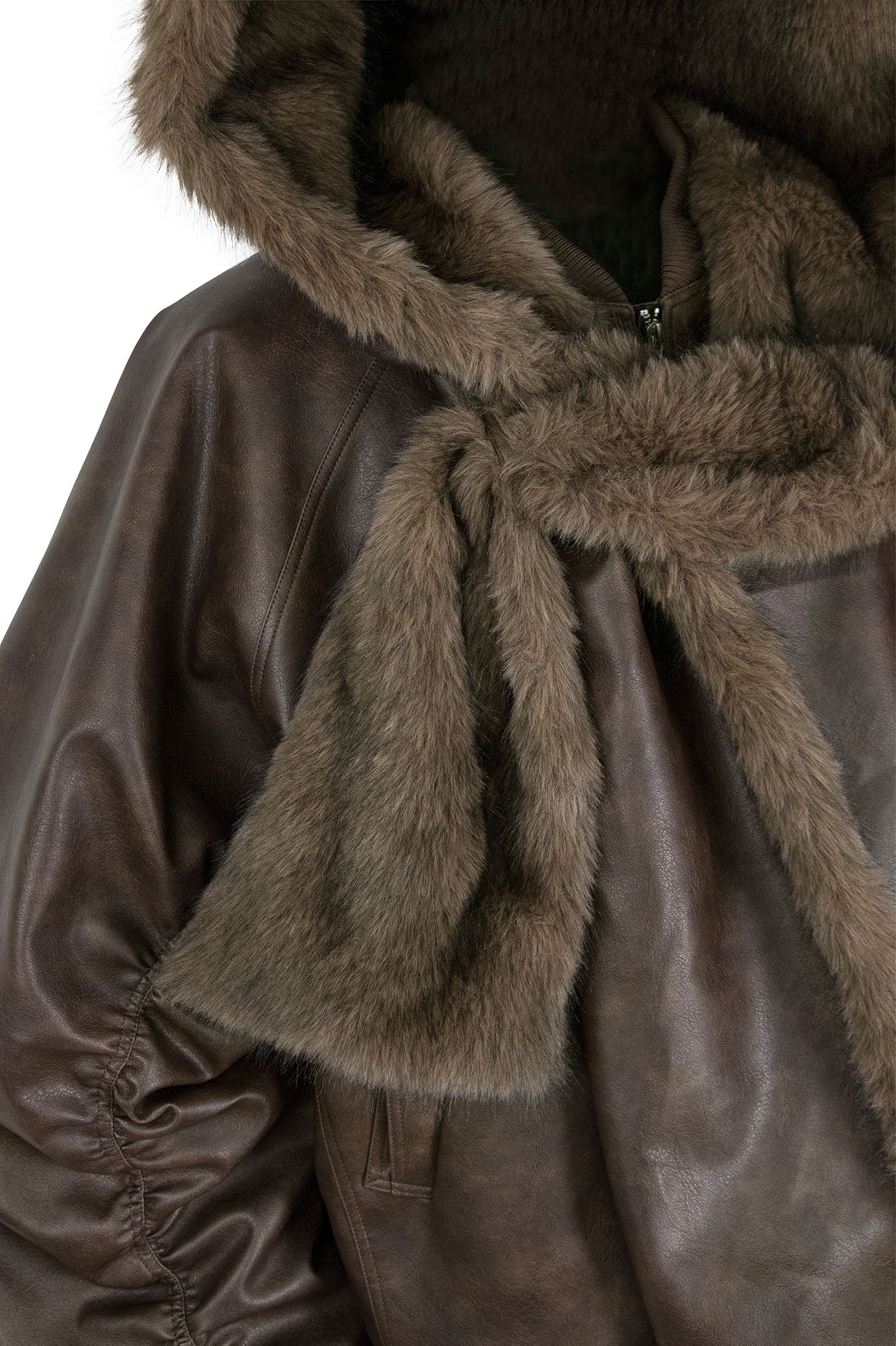 RELABEL Detachable Plush Scarf Ruched Hooded Jacket Brown, premium urban and streetwear designers apparel on PROJECTISR.com, RELABEL