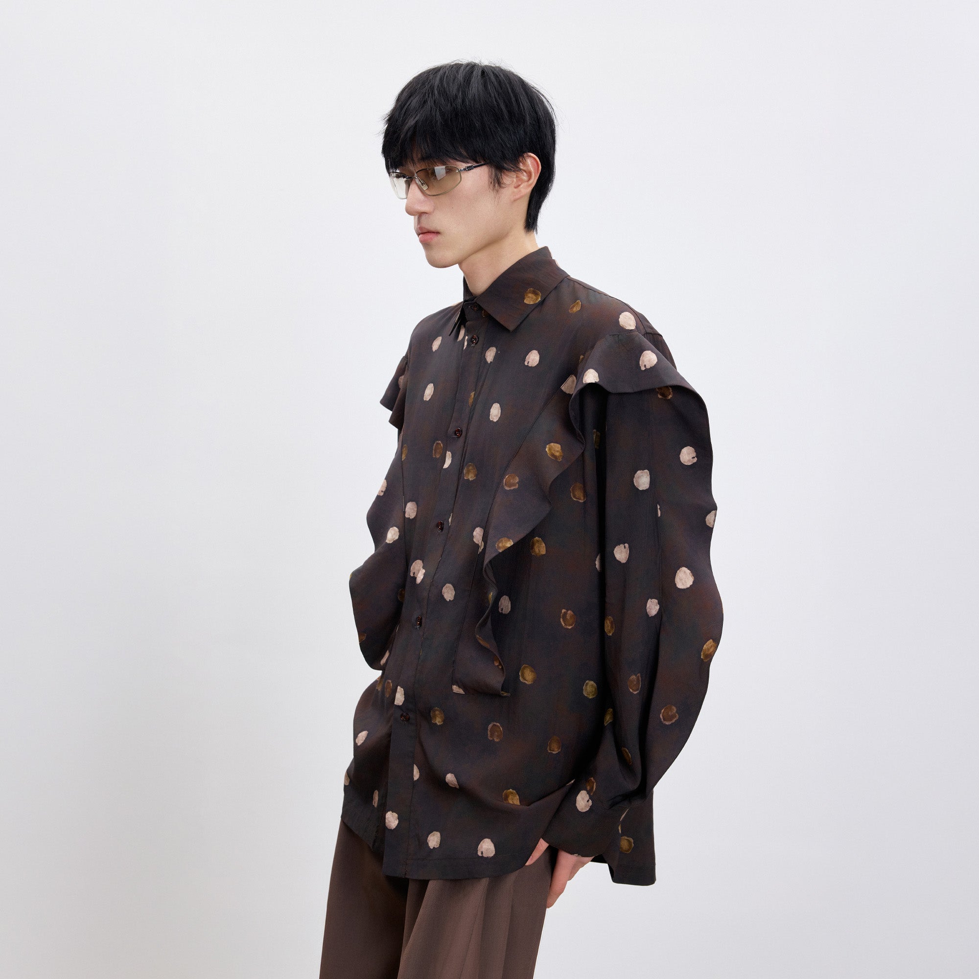 TUIMU Polka Dot Draped Panel Shirt, premium urban and streetwear designers apparel on PROJECTISR.com, TUIMU