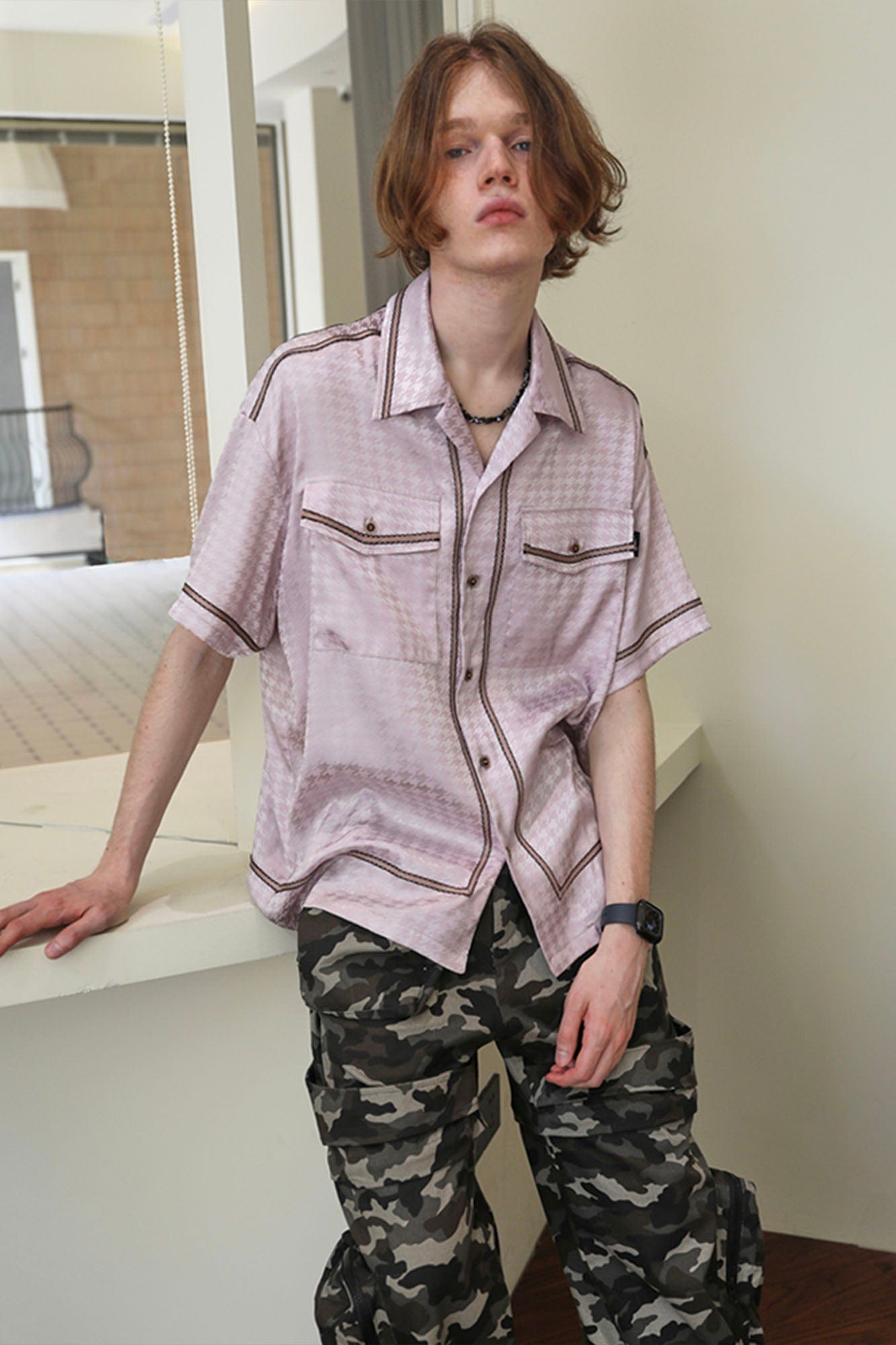 ASSEEN Contrast Piped Glossy Houndstooth Half Shirt, premium urban and streetwear designers apparel on PROJECTISR.com, ASSEEN
