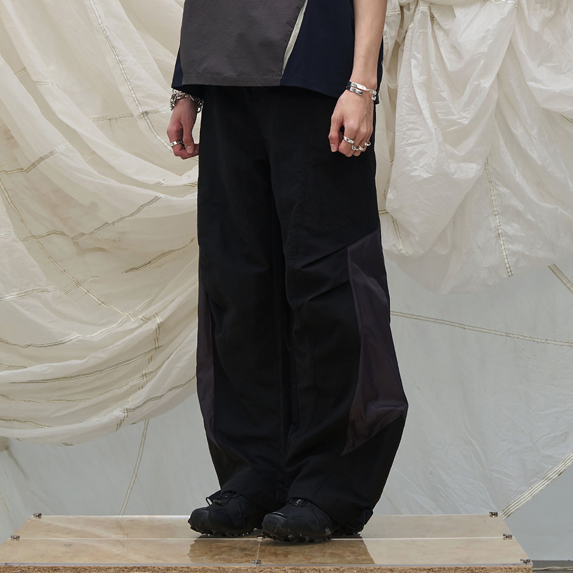 RELABEL Deconstructed Paneled Drawstring Parachute Pants, premium urban and streetwear designers apparel on PROJECTISR.com, RELABEL