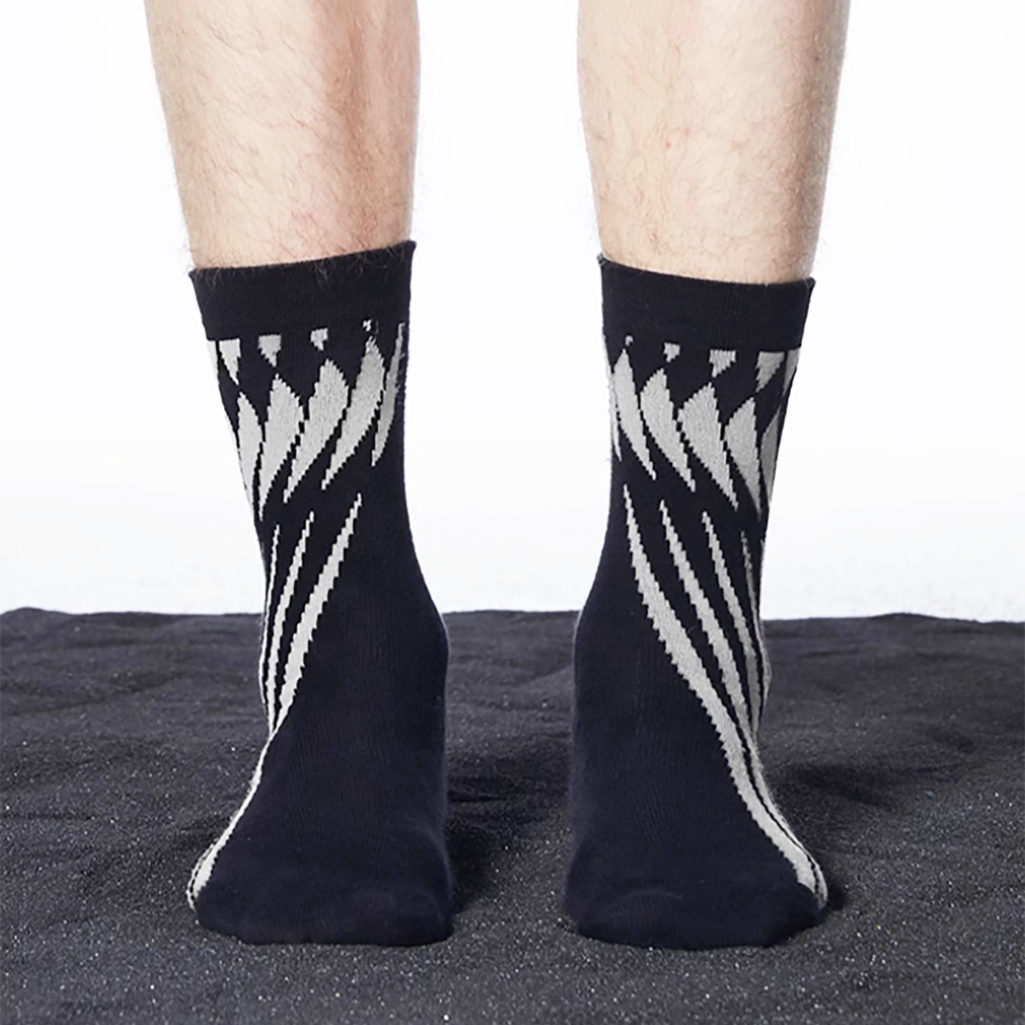LOSTNFOUND Geometric Crew Socks Black, premium urban and streetwear designers apparel on PROJECTISR.com, LOSTNFOUND