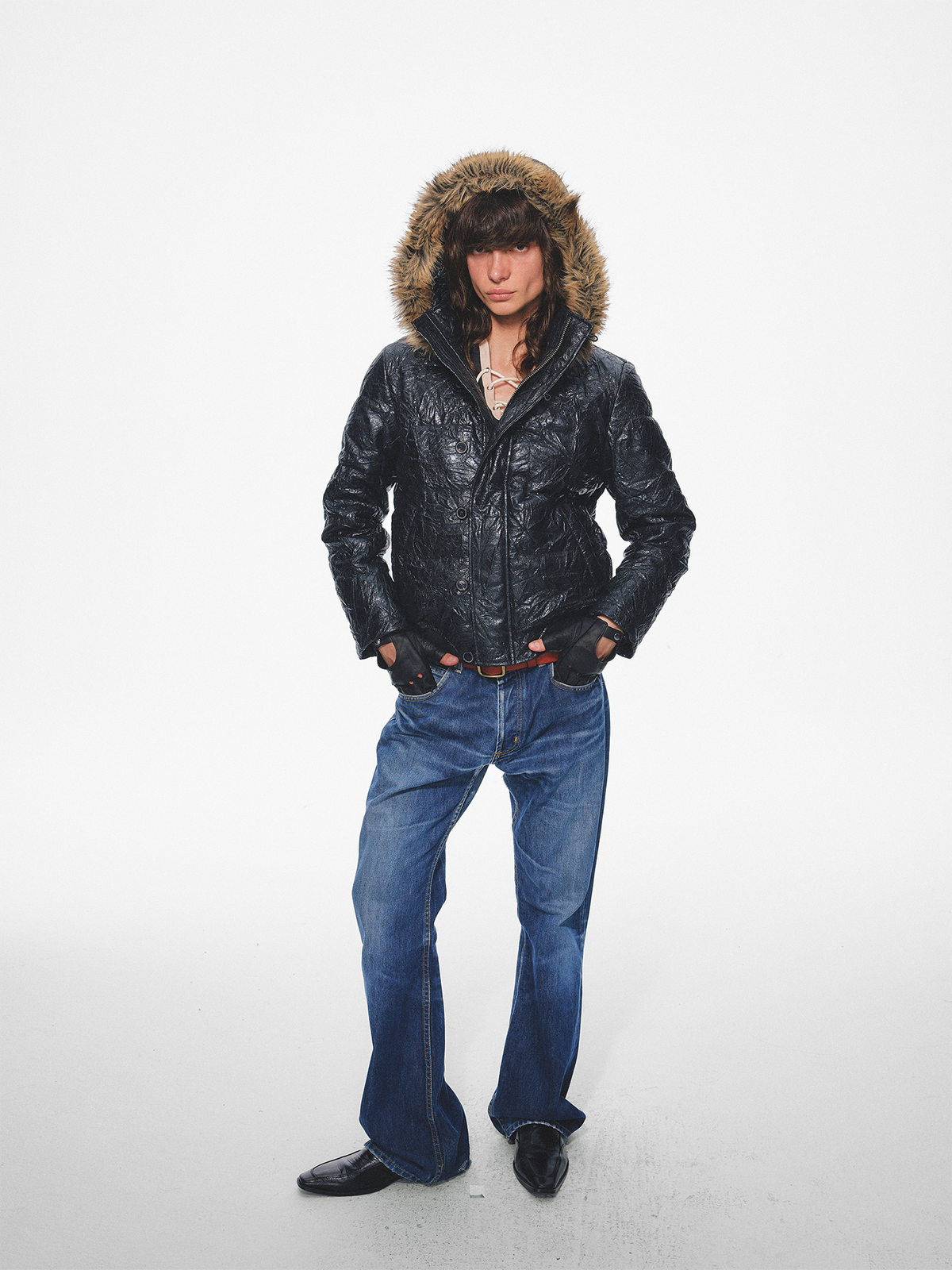TRECLUB Crinkled Faux Leather Fur-Collar Hooded Jacket, premium urban and streetwear designers apparel on PROJECTISR.com, TRECLUB