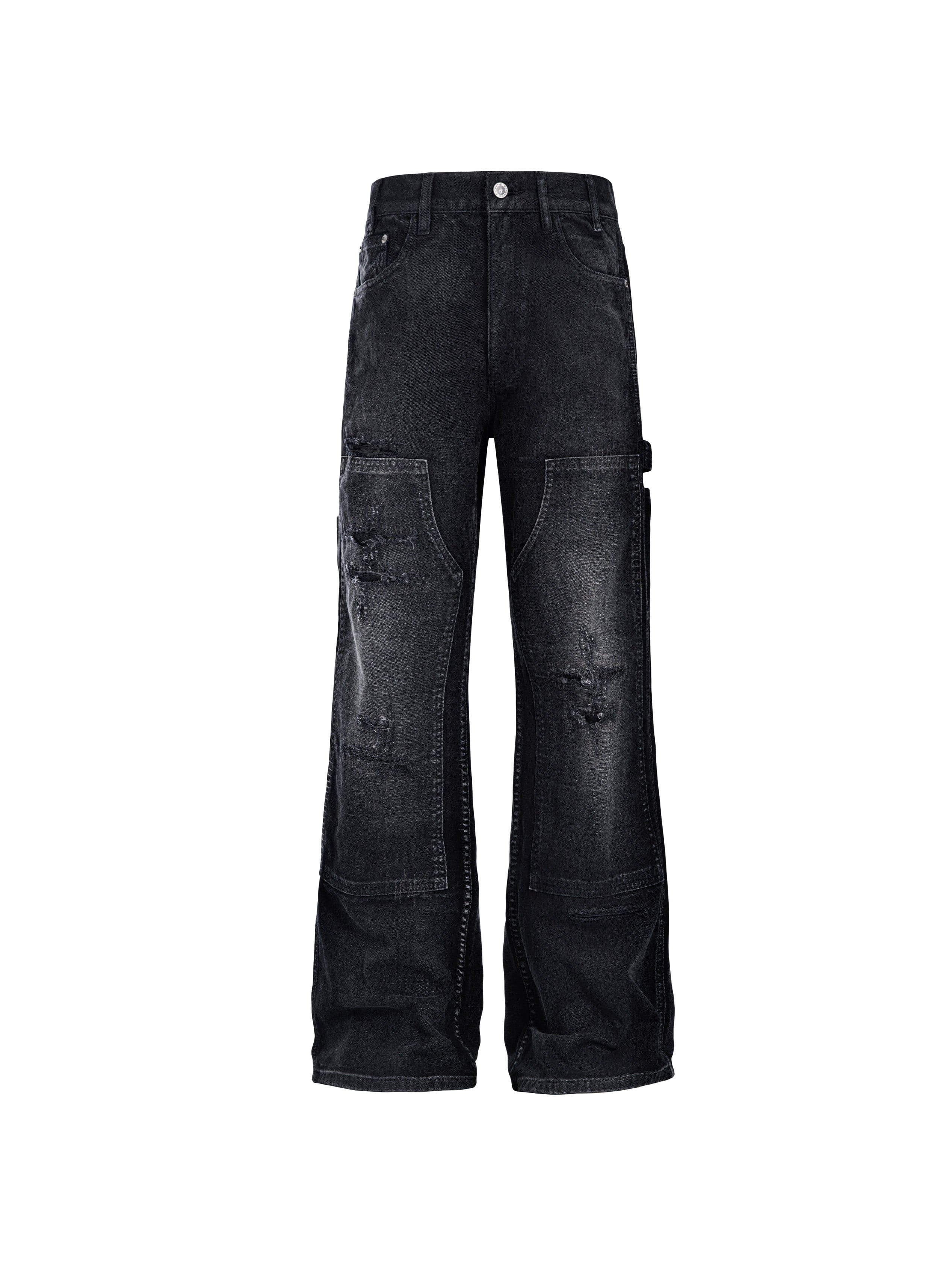 CATSSTAC Distressed Double-Knee Carpenter Straight-Leg Jeans Black, premium urban and streetwear designers apparel on PROJECTISR.com, CATSSTAC