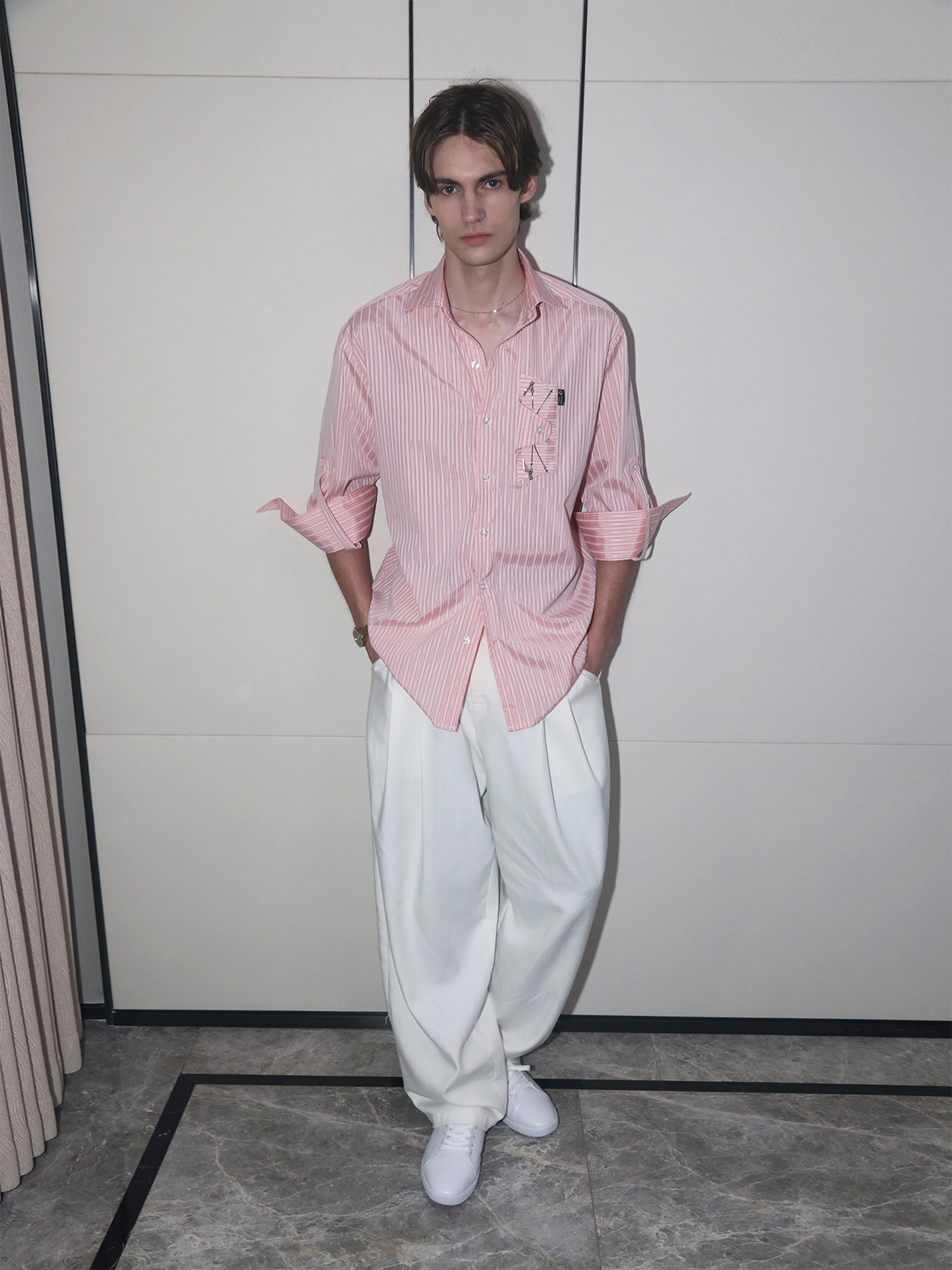ASSEEN Striped Glasses Pocket Half Shirt Pink