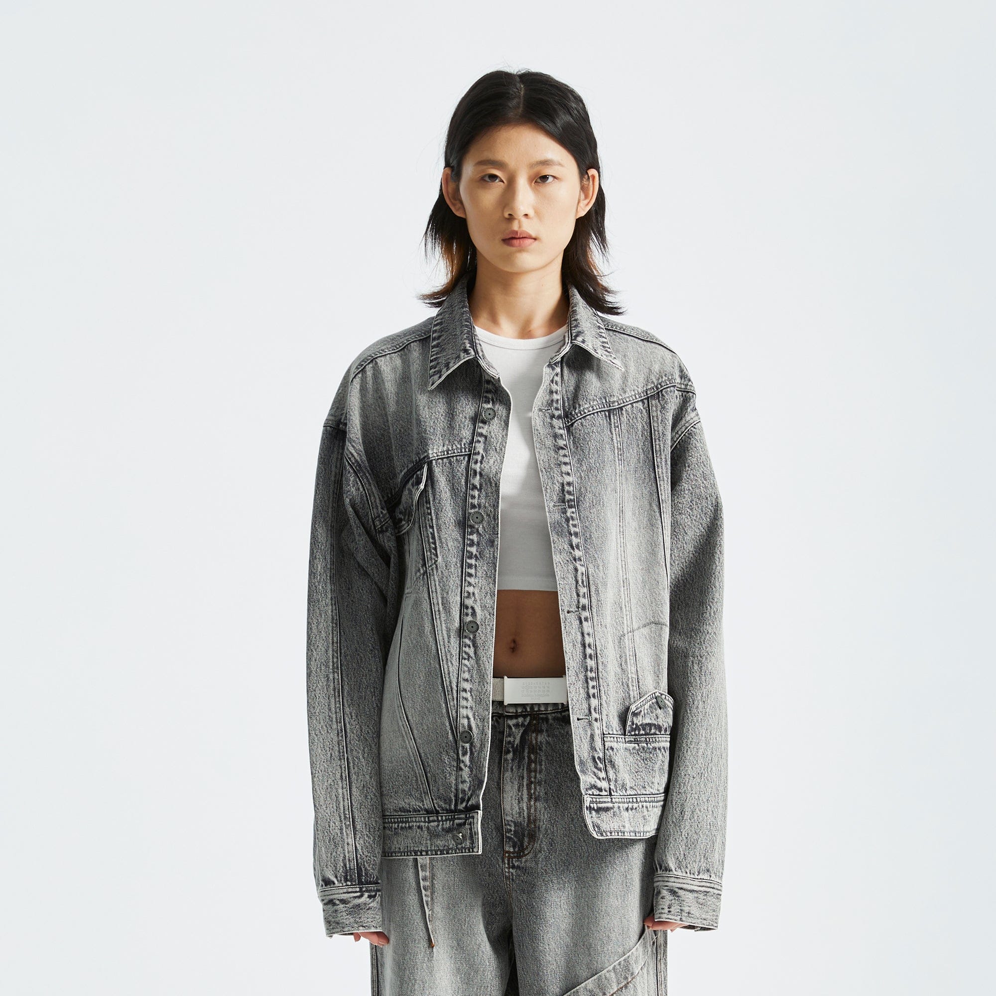 ORGANIC EMOTION Asymmetrical Washed Denim Jacket, premium urban and streetwear designers apparel on PROJECTISR.com, ORGANIC EMOTION