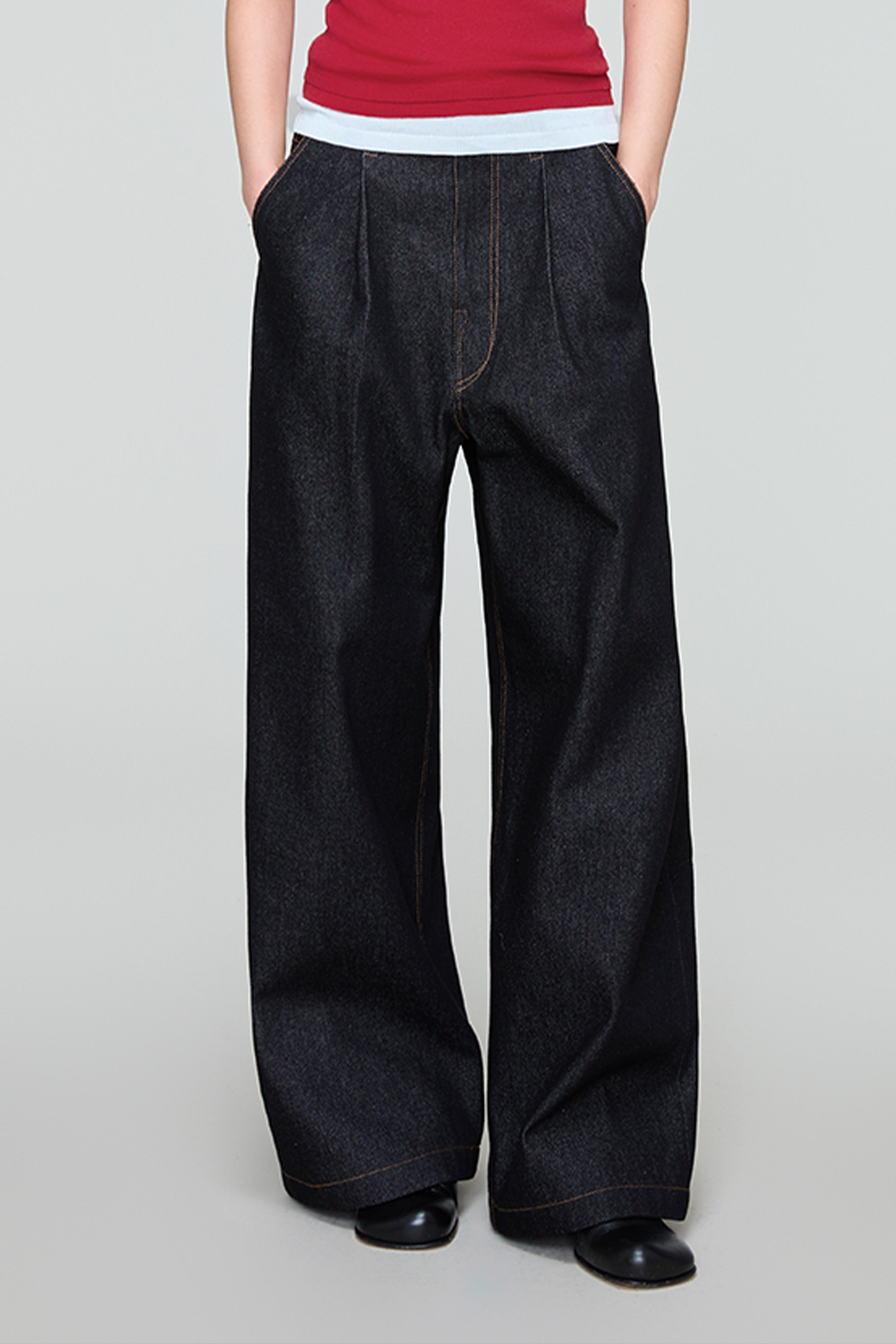 OPICLOTH Retro Washed Pleated Wide-Leg Jeans, premium urban and streetwear designers apparel on PROJECTISR.com, OPICLOTH