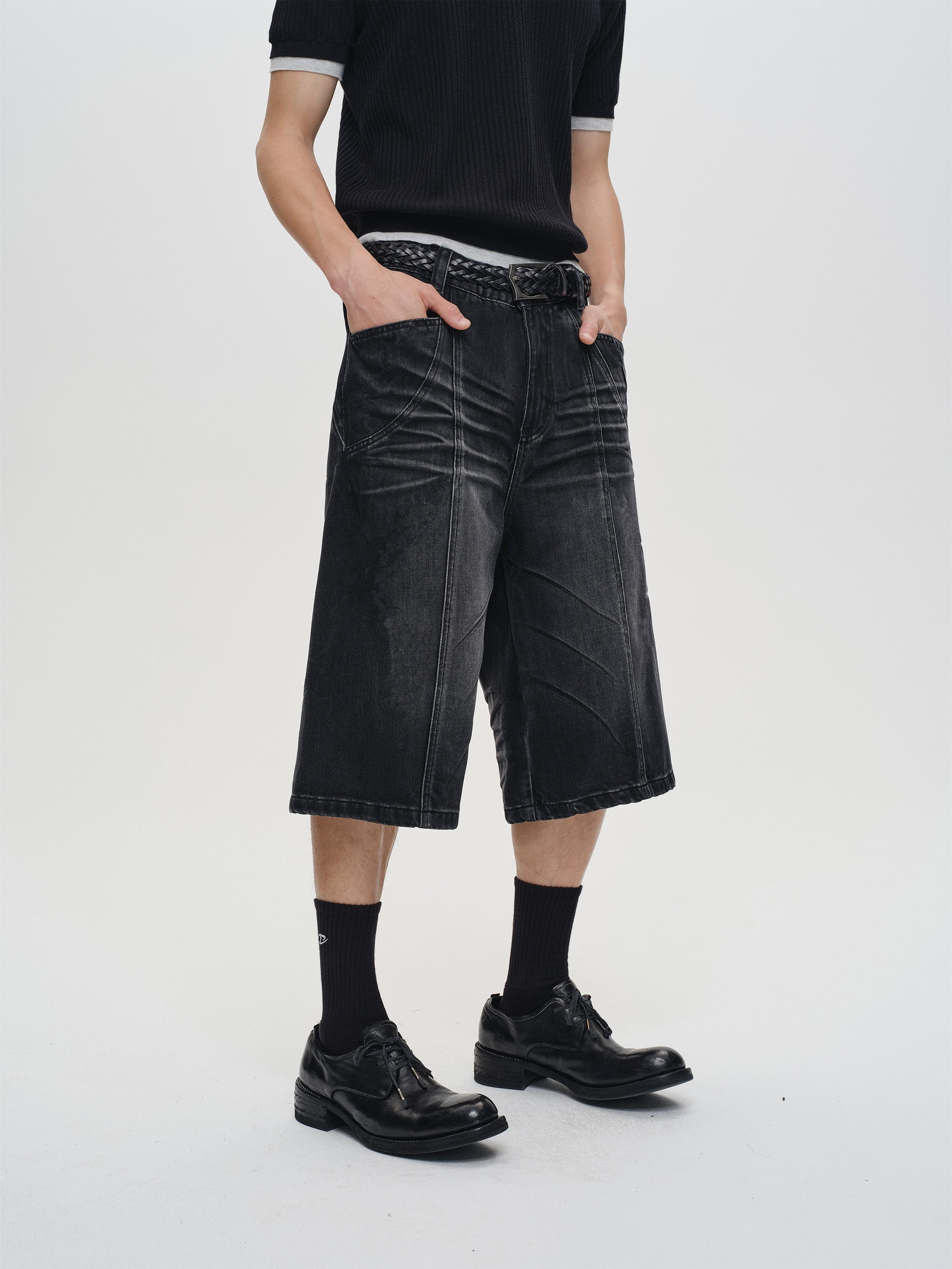 CATSSTAC Whisker-Wash Middle-Spliced Wide-Leg Shorts, premium urban and streetwear designers apparel on PROJECTISR.com, CATSSTAC