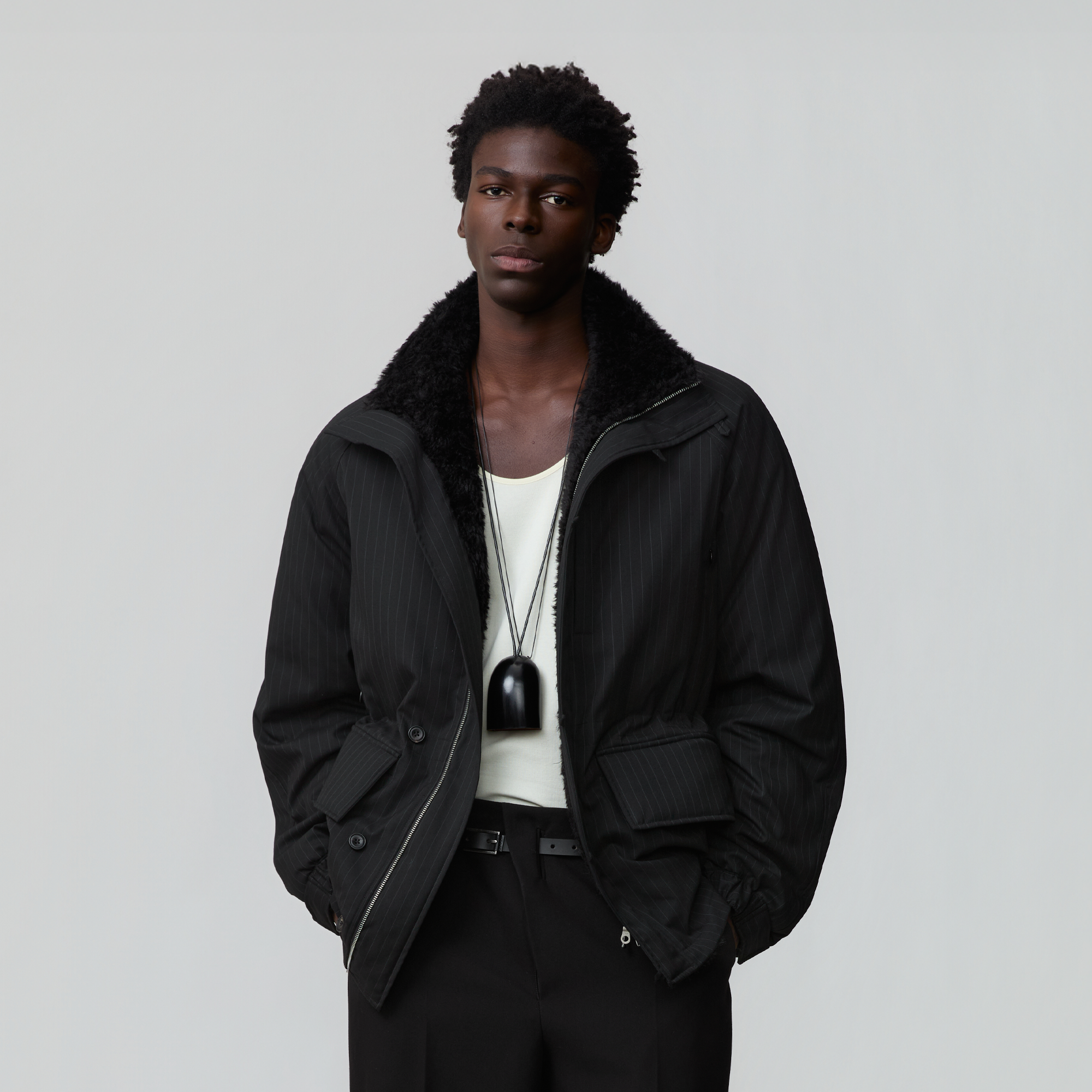 OPICLOTH Pinstriped Faux Fur-Lined Drawstring Jacket