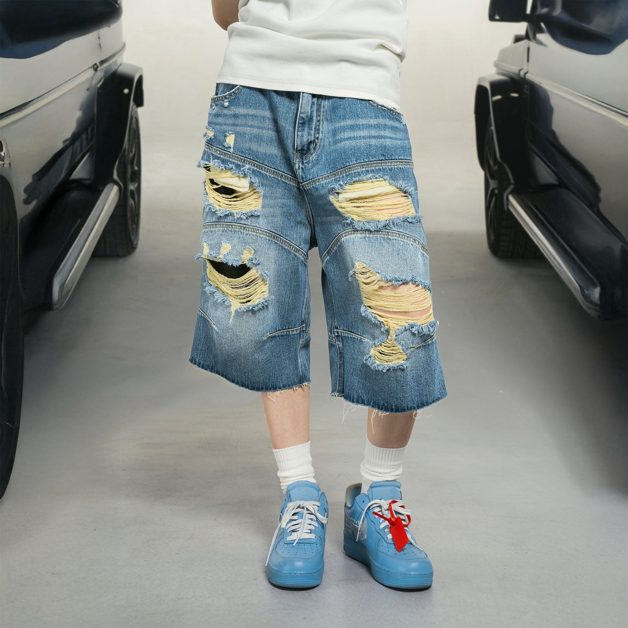 MAKEMORE Distressed Arc Spliced Ripped Denim Shorts, premium urban and streetwear designers apparel on PROJECTISR.com, MAKEMORE