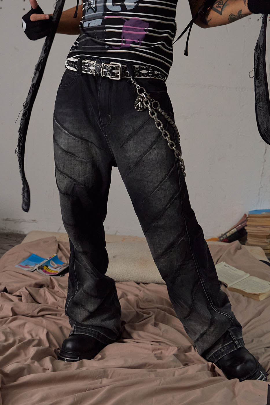 DND4DES Scratch Marks Distressed Flared Jeans Black, premium urban and streetwear designers apparel on PROJECTISR.com, DND4DES