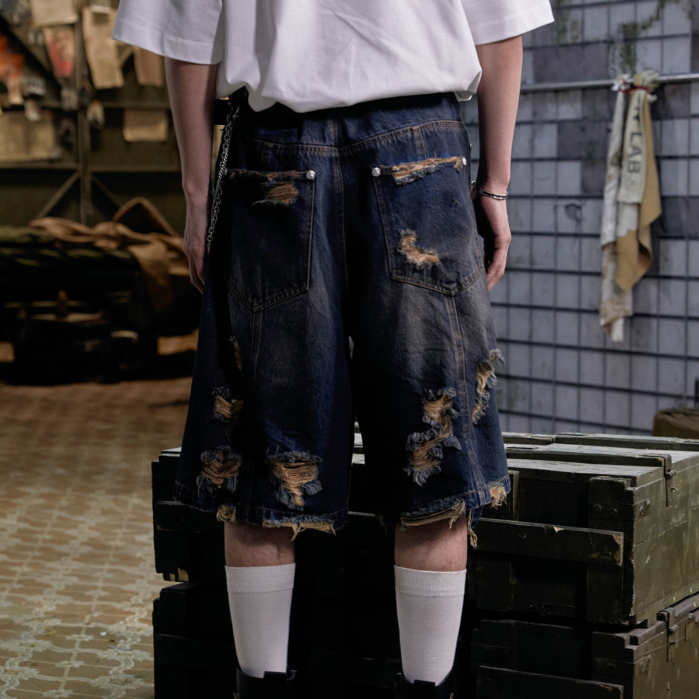FACEONLAB Distressed Oversized Denim Shorts, premium urban and streetwear designers apparel on PROJECTISR.com, FACEONLAB