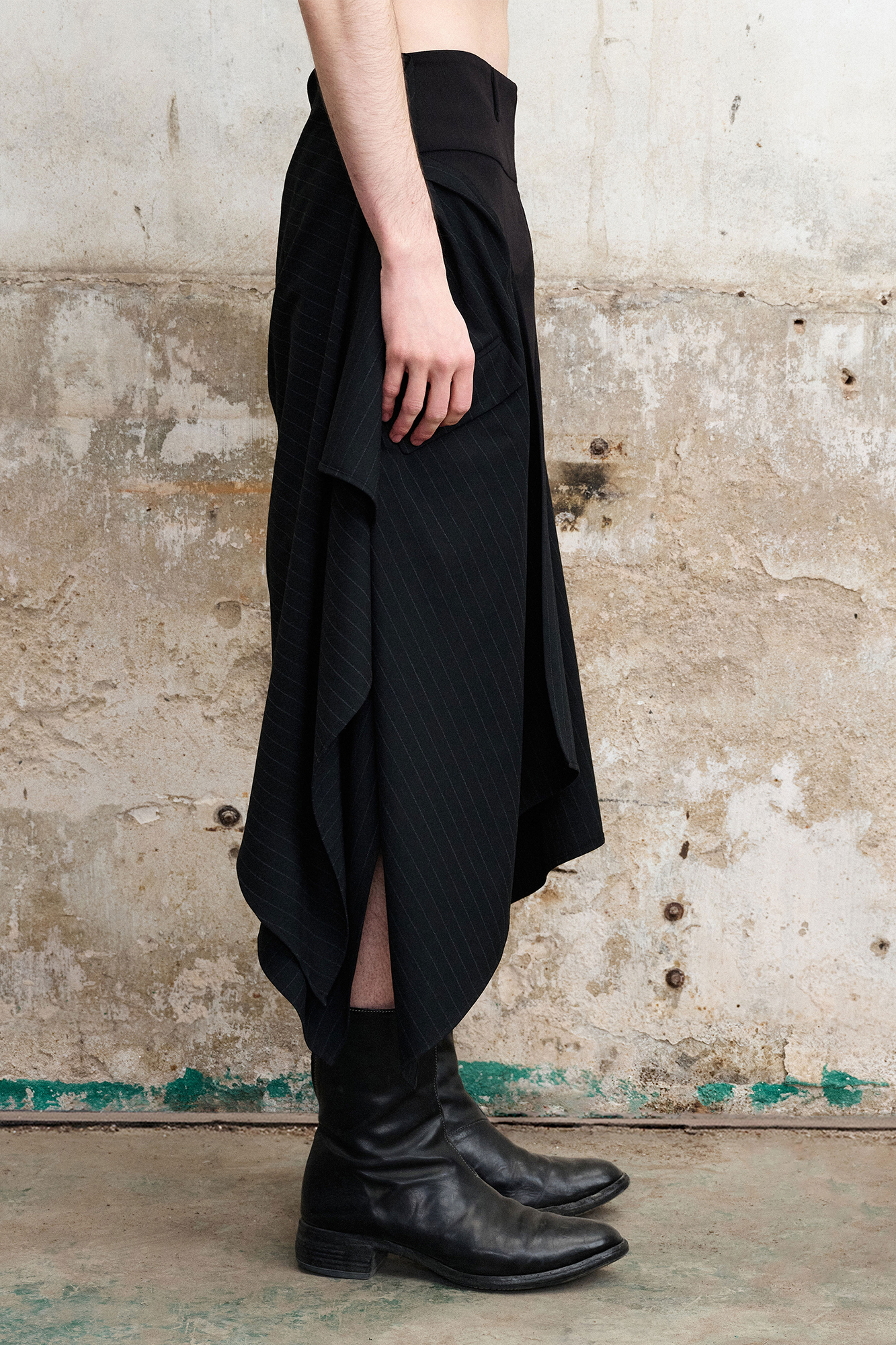 ILNya Nieternite Nifutur Asymmetric Draped Panel Pinstripe Skort Shorts, premium urban and streetwear designers apparel on PROJECTISR.com, ILNya Nieternite Nifutur
