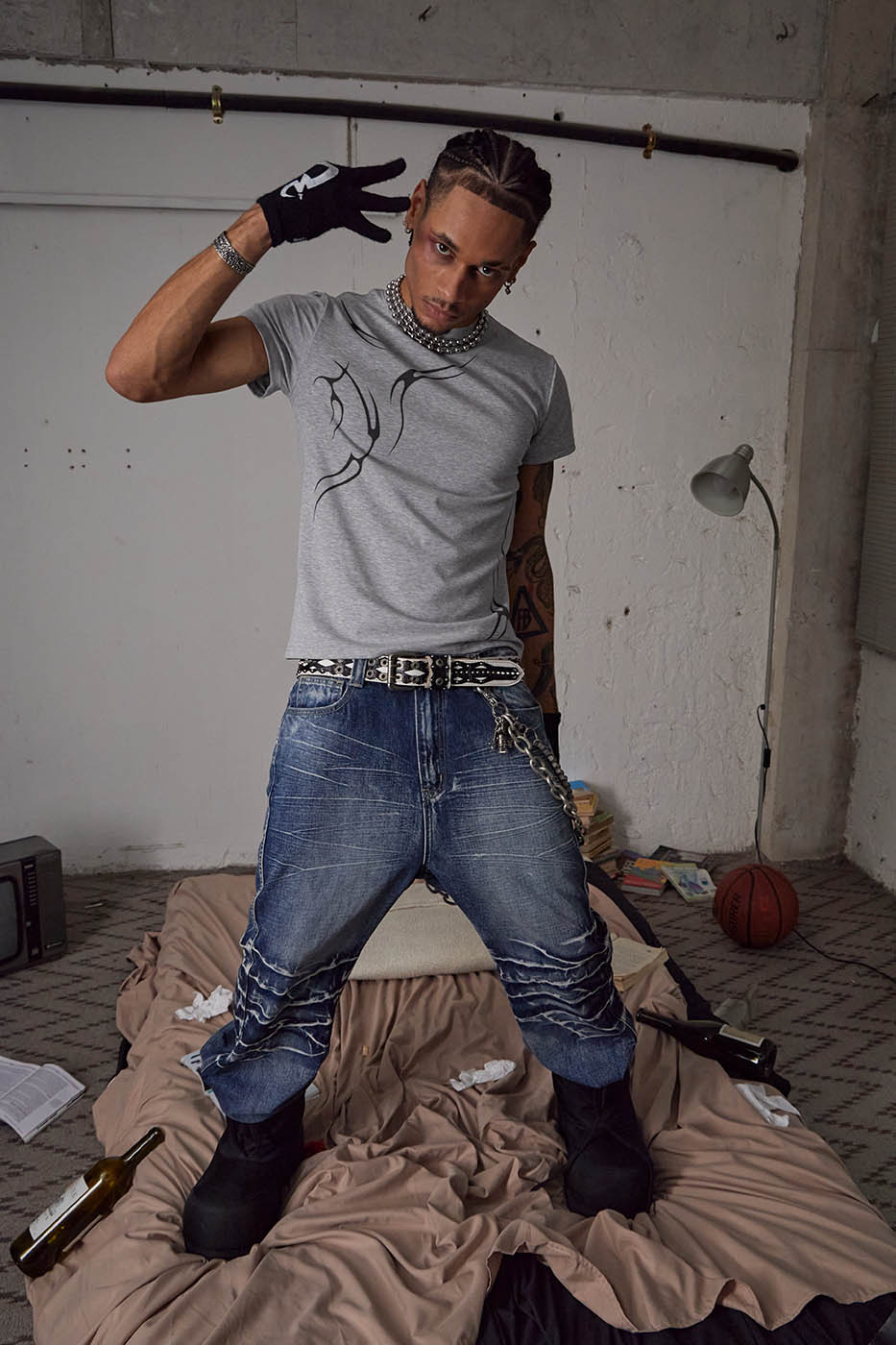 DND4DES Lightning-Creased Flared Jeans Blue, premium urban and streetwear designers apparel on PROJECTISR.com, DND4DES