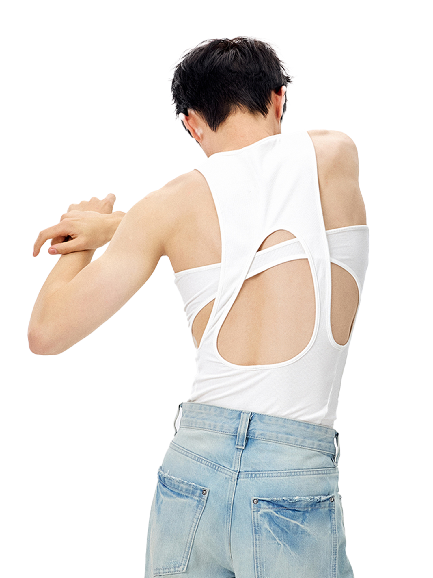 TUIMU Back Cut-Out Ribbed Tank Top White