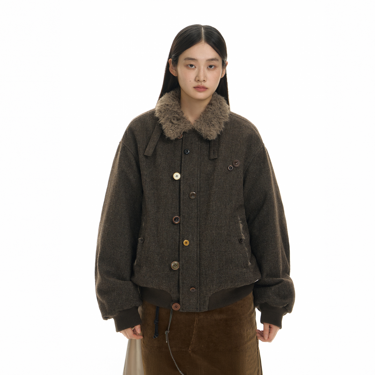 TGNS Striped Faux Fur Collar Cotton-Padded Jacket