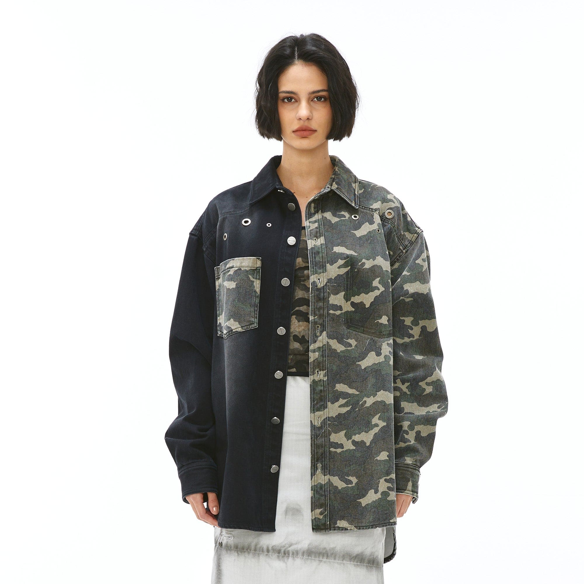 VANN VALRENCE Paneled Camo Denim Shirt
