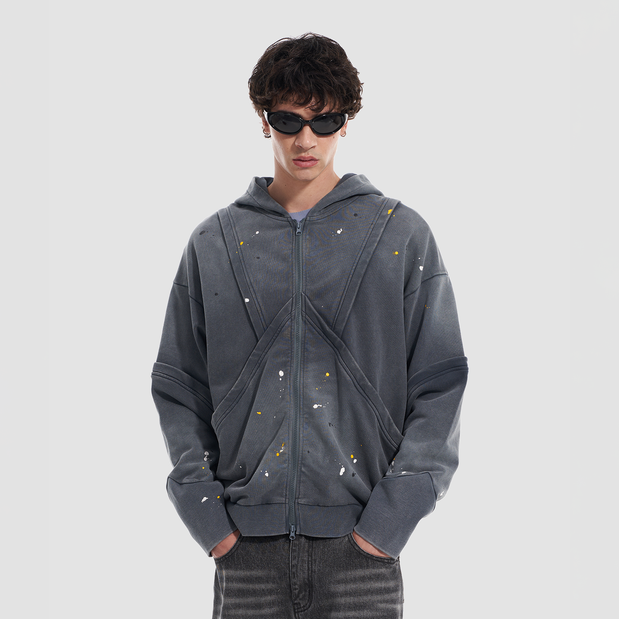 VANN VALRENCE Washed Paint-Splattered Paneled Zip Hoodie