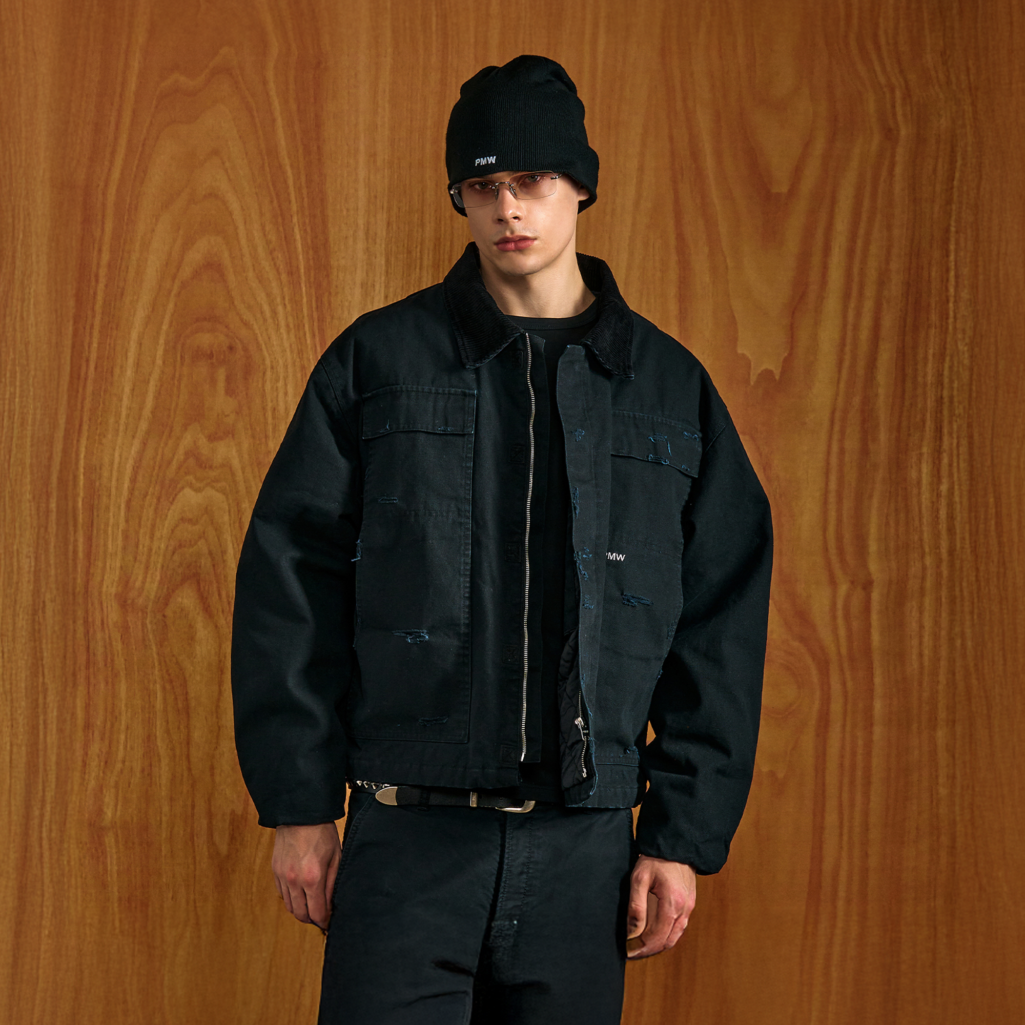 PMW Washed Distressed Corduroy-Collar Jacket