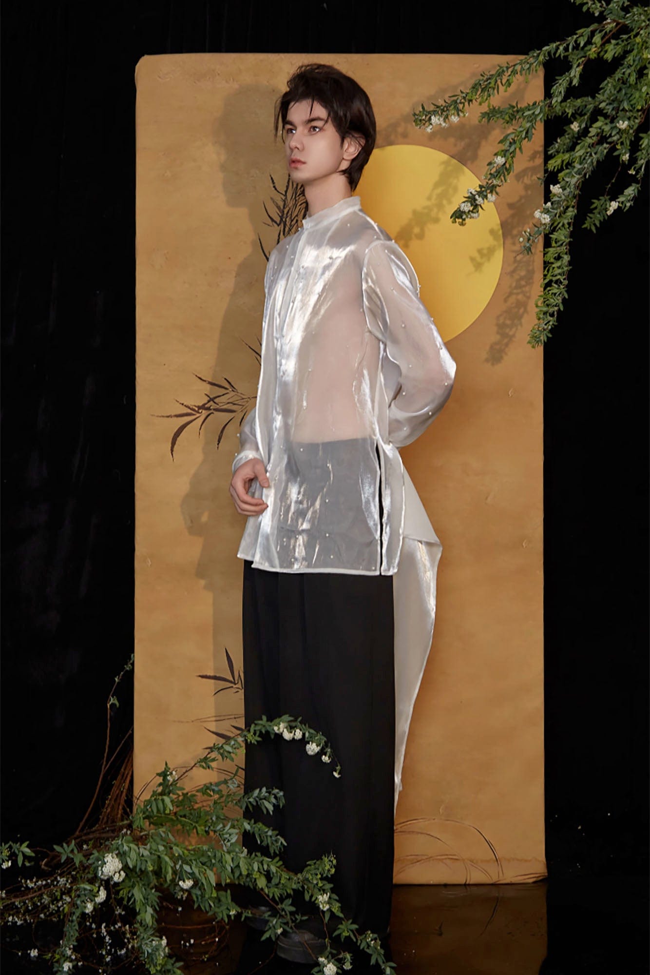 JIECHI Pearl Embroidered Layered Ribbon Organza Shirt, premium urban and streetwear designers apparel on PROJECTISR.com, JIECHI